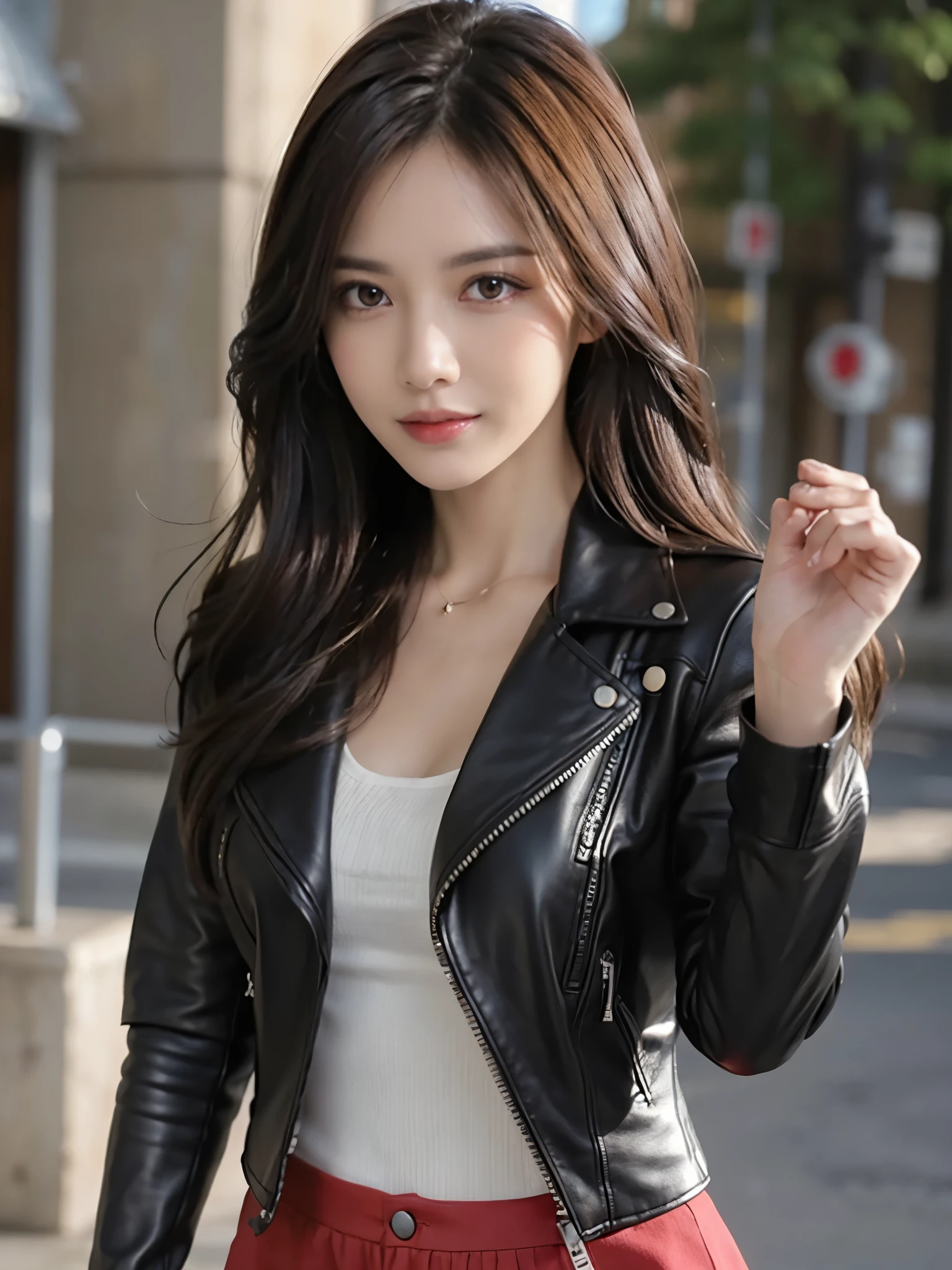 masutepiece, Best Quality, Photorealistic, Ultra-detailed, finely detail, High resolution, 8K Wallpaper, 1 beautiful woman,, light brown messy hair, in a long black leather jacket,holding a pistol on her hand,sharp focus, Perfect dynamic composition, Beautiful detailed red eyes, detailed hairs, Detailed realistic skin texture, Smiling, Model body type,standing on a street,punching style