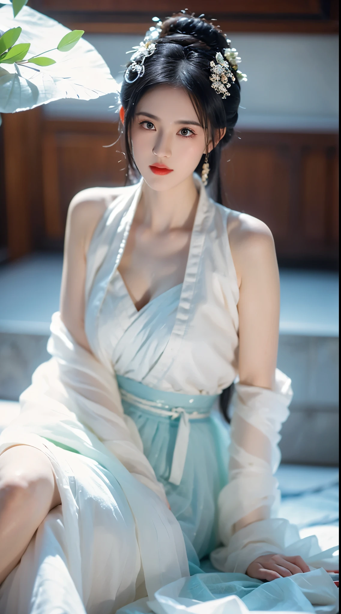 BAINV, ((knee shot))，((Aerial view)),(masterpiece，best quality，high resolution)，(Colorful background，(splash of color))，((bare shoulders)), liuyifei, sweet girl，Lying in bed, Light blue and white medium length hair，[light blue|pink]hair，curls，Shiny，红pink的嘴唇，colored flowers，Volumetric lighting，plump breasts，big breasts, cleavage, grace的姿态，Sexy and slender legs, original photo, best quality, 脸庞beauty精致，Otherworldly beauty, Attract attention。beauty、grace、mystery