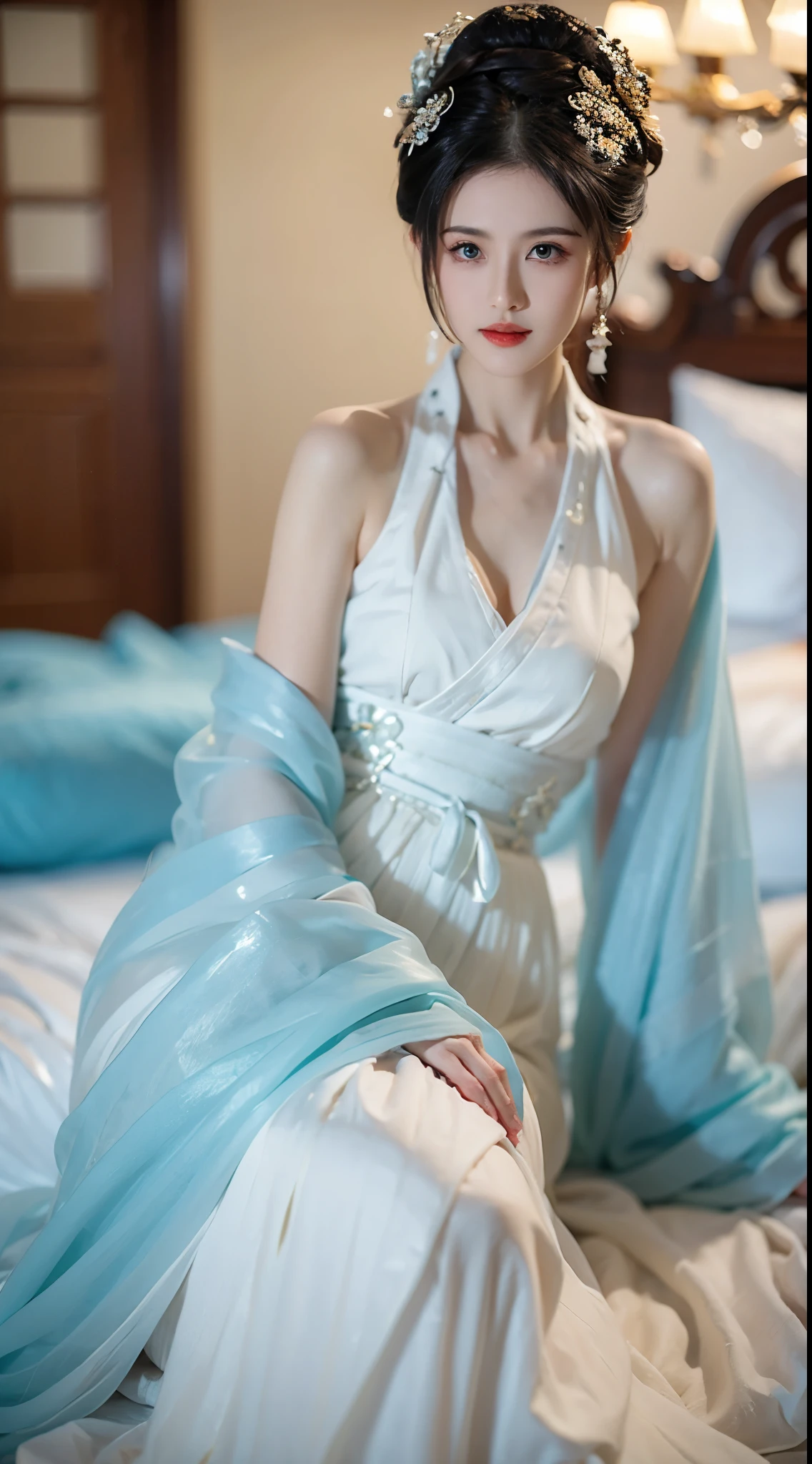 BAINV, ((knee shot))，((Aerial view)),(masterpiece，best quality，high resolution)，(Colorful background，(splash of color))，((bare shoulders)), liuyifei, sweet girl，Lying in bed, Light blue and white medium length hair，[light blue|pink]hair，curls，Shiny，红pink的嘴唇，colored flowers，Volumetric lighting，plump breasts，big breasts, cleavage, grace的姿态，Sexy and slender legs, original photo, best quality, 脸庞beauty精致，Otherworldly beauty, Attract attention。beauty、grace、mystery