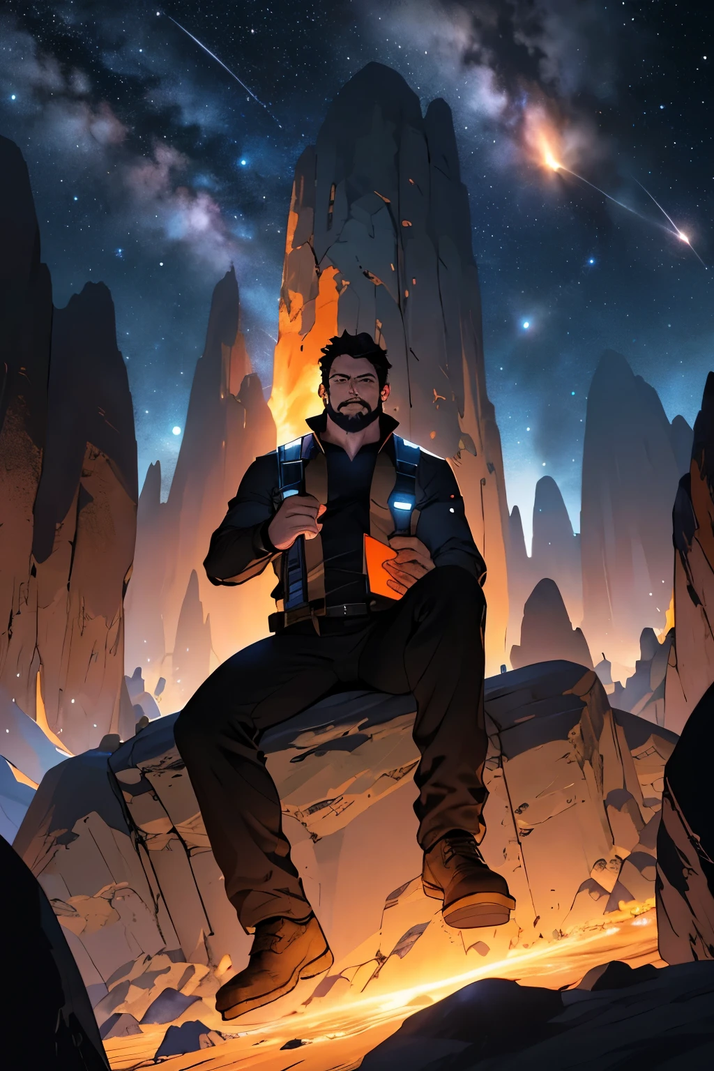 Draw a young programmer, sitting on a research platform floating in the middle of an asteroid belt. He is studying with a notebook, surrounded by several asteroids glowing with fiery auras. Dramatic lighting from distant stars and planets illuminates the scene, casting deep shadows on the suit. The young man looks confident and determined, looking at the vast and mysterious universe with wonder and respect,facial hair, cowboy shot,