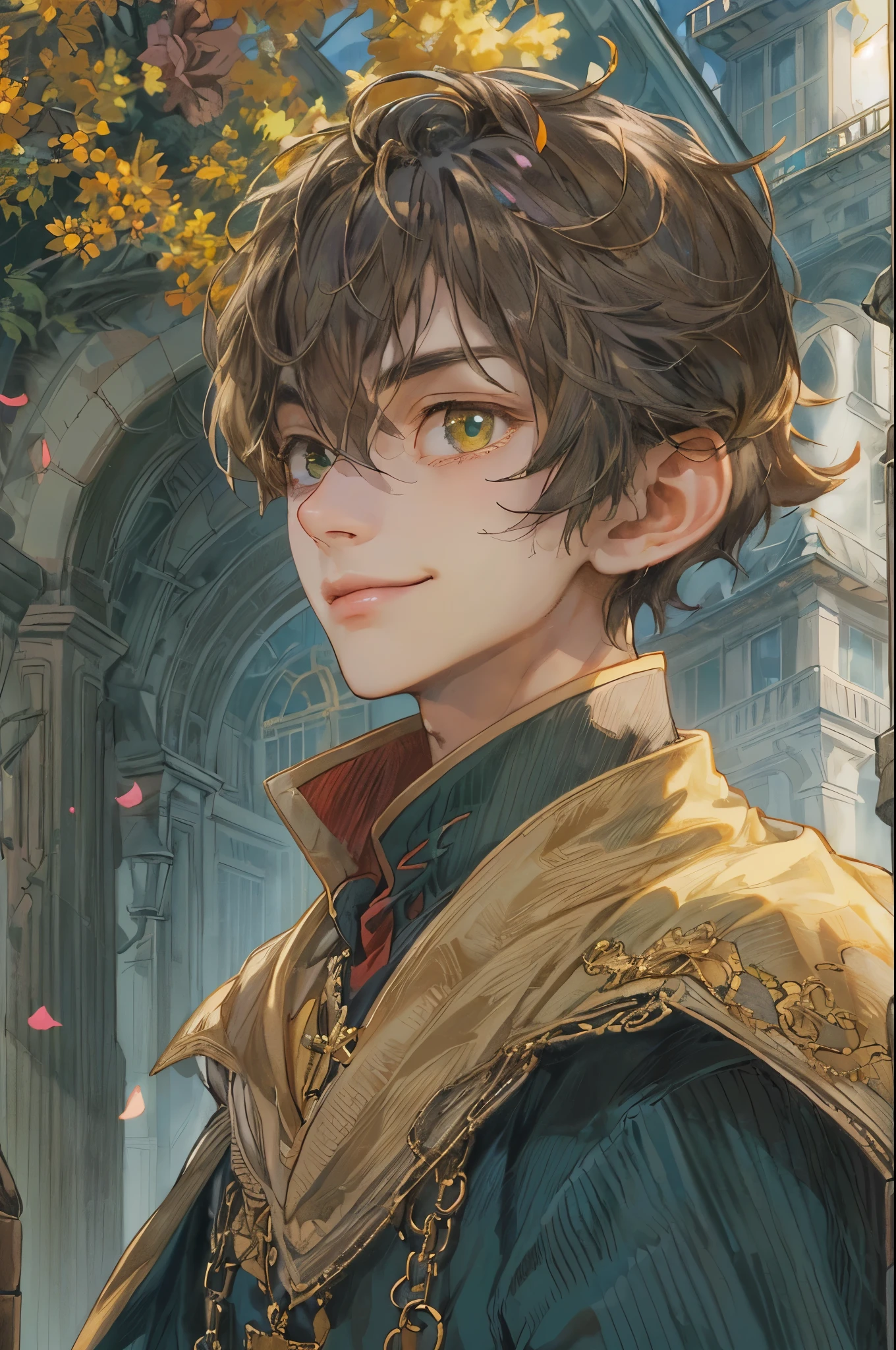 ((absurdres, highres, ultra detailed), 1 boy, young boy, handsome boy villain character from witch academia, detailed hair with detailed headgear ornaments, detailed short hair, anime eyes, bangs, detailed mage clothes with brown cape with little purple details showing, showing chest on creases, crop top, finely detailed eyes red details showing and detailed face, smirk, dimples, extremely detailed CG unity 8k wallpaper, blue details on side, intricate details yellow details on left, portrait, ruin of pink roses, market theme, showing lot of skin, from below, 1:1 , eyes on viewer, detailed houses town scenery background
