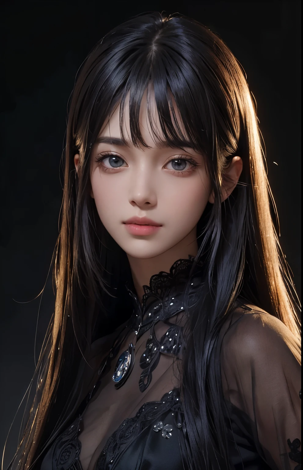 (surreal), (figure), (Improved resolution), (8k), (very detailed), (Best figure), (beautiful and detailed eyes), (highest quality), (super detailed), (masterpiece ), ( wallpaper), (detailed face), alone, 1 girl, looking at the viewer, small details, detailed face, in the dark, deep shadow, discreet key, Pure erotic face ace_v1, smile, long hair, black shawl straight hair , 46 point diagonal bangs