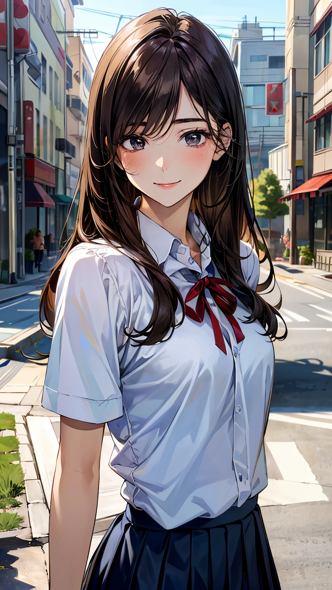 (masterpiece:1.2, top-quality, ultra high res, ultra detailed), (realistic, photorealistic:1.4), beautiful illustration, (natural side lighting, movie lighting), 
looking at viewer, (face focus, upper body), 1 girl, japanese, high school dirl, perfect face, (perfect anatomy), cute and symmetrical face, baby face, shiny skin, slender
(long hair:1.5, straight hair:1.2, sark brown hair), parted bangs, grey eyes, long eye lasher, (medium breasts), 
beautiful hair, beautiful face, beautiful detailed eyes, beautiful clavicle, beautiful body, beautiful chest, beautiful thigh, beautiful legs, 
((detailed cloth texture, short sleeve white collared shirts, navy blue pleated mini skirt, red neck ribbon), , , 
(beautiful scenery), evening, (outdoors, cityscape in the distance), hands on chest, (lovely smile, upper eyes), 