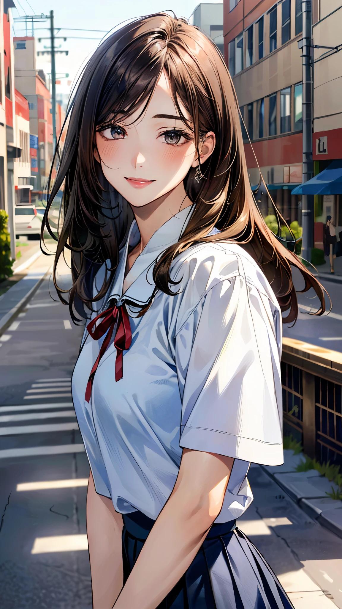 (masterpiece:1.2, top-quality, ultra high res, ultra detailed), (realistic, photorealistic:1.4), beautiful illustration, (natural side lighting, movie lighting),
looking at viewer, (face focus, upper body), 1 girl, japanese, high school dirl, perfect face, (perfect anatomy), cute and symmetrical face, baby face, shiny skin, slender
(long hair:1.5, straight hair:1.2, sark brown hair), parted bangs, grey eyes, long eye lasher, (medium breasts),
beautiful hair, beautiful face, beautiful detailed eyes, beautiful clavicle, beautiful body, beautiful chest, beautiful thigh, beautiful legs,
((detailed cloth texture, short sleeve white collared shirts, navy blue pleated mini skirt, red neck ribbon), , ,
(beautiful scenery), evening, (outdoors, cityscape in the distance), hands on chest, (lovely smile, upper eyes),