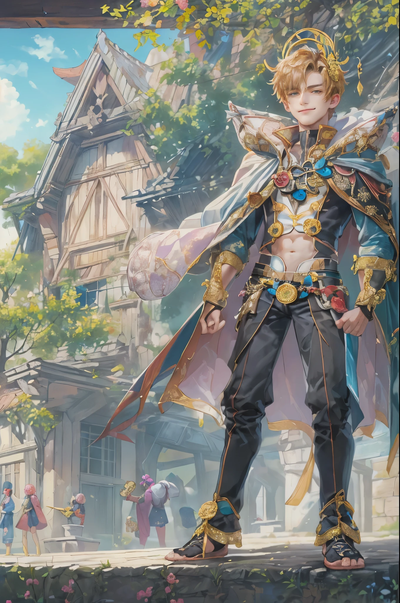 ((absurdres, highres, ultra detailed), 1 boy, young boy, handsome boy villain character from Pretty Cure, male version, detailed hair with detailed headgear ornaments, detailed short hair, anime eyes, bangs, detailed mage clothes with brown cape with little purple details showing, showing chest on creases, crop top, finely detailed eyes red details showing and detailed face, smirk, dimples, extremely detailed CG unity 8k wallpaper, blue details on side, intricate details yellow details on left, portrait, ruin of pink roses, market theme, showing lot of skin, from below, 1:1 , eyes on viewer, detailed houses town scenery background