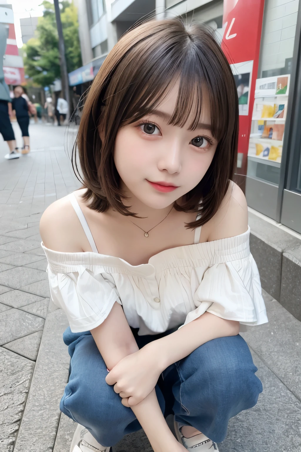 (highest quality, masterpiece, Ultra-high resolution, 8K, RAW Photos, Realistic, Anatomically correct:1.2, SFW:1.5), 
((With Cheeks between own Hands:1.0, Both Hands on own Face:1.0, Put and Contact own two Elbows onto Something's Edge:1.0, Stare over the Table View:1.5)), 
(Short Bob Cut, 20-year-old girl:1.2, Brown Hair, Barista Uniform:1.0, Embarrassed, Blush:1.0, Very white skin, Open Mouse Slightly:1.5, Upper Body), 
Telephoto, Inside, Cafe, Many Tables, DayLights:1.0, Bokeh