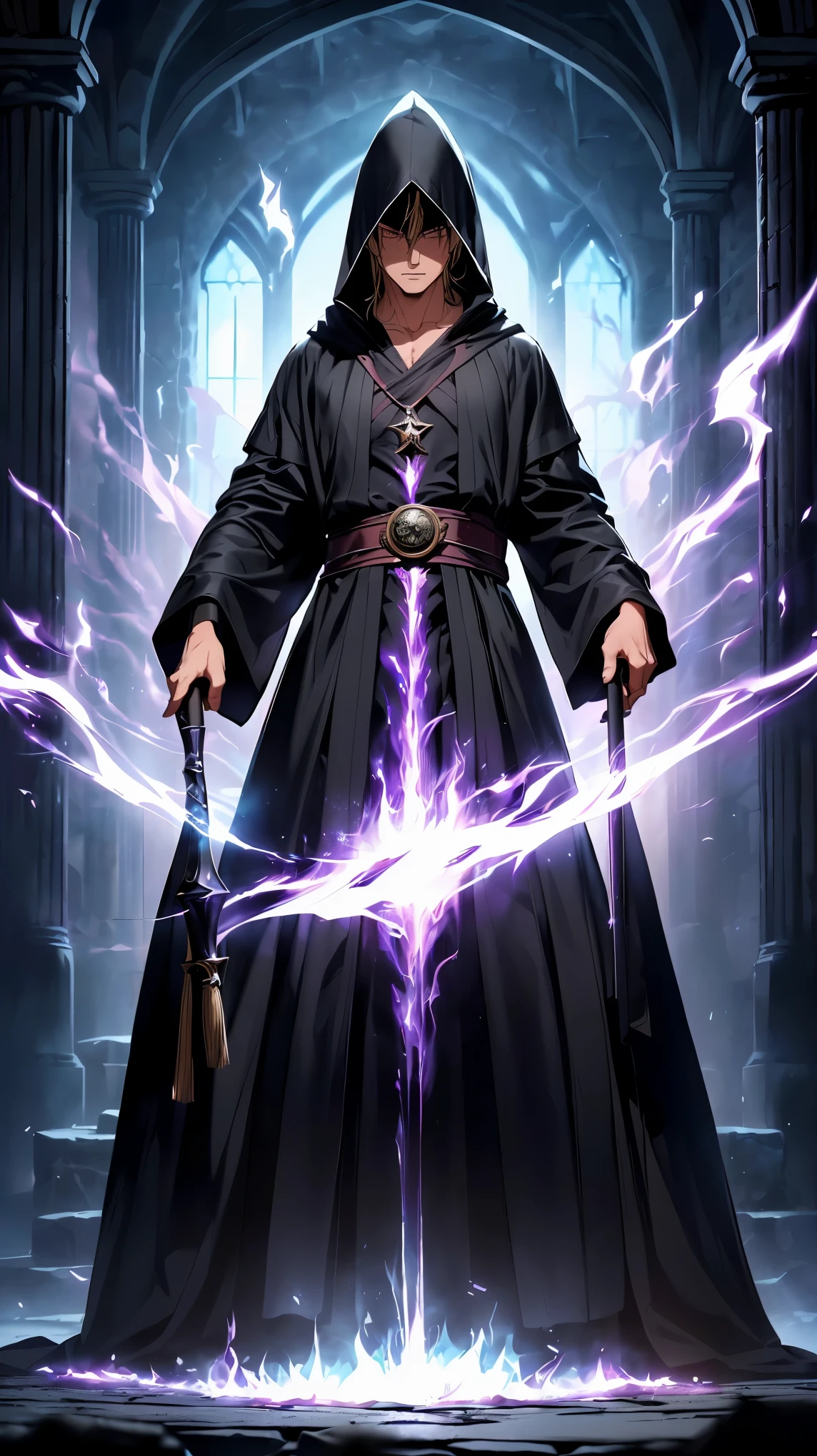 (8K, RAW photo, 最high quality, masterpiece:1.2), High-definition RAW color photo, Professional photo shoot, cinematic light, RPG design, dark fantasy graphics, Humanoid monsters, ARCH MAGE, ((full body shot)), alone, (Man in a robe), magic robe and wand, I can't see your face because it's hidden by the hood, ((black robe:1.2, Brandish a magic wand:1.2, Activate magic, magic light, powerful pillar of fire, Laharit, Magic range attack, wizard)), level 7 mage, fantasy art, ((Underground dungeon background, stone dungeon)), dim lighting, film grain, background bokeh, high quality, surreal, ((very detailed, photo shoot)),