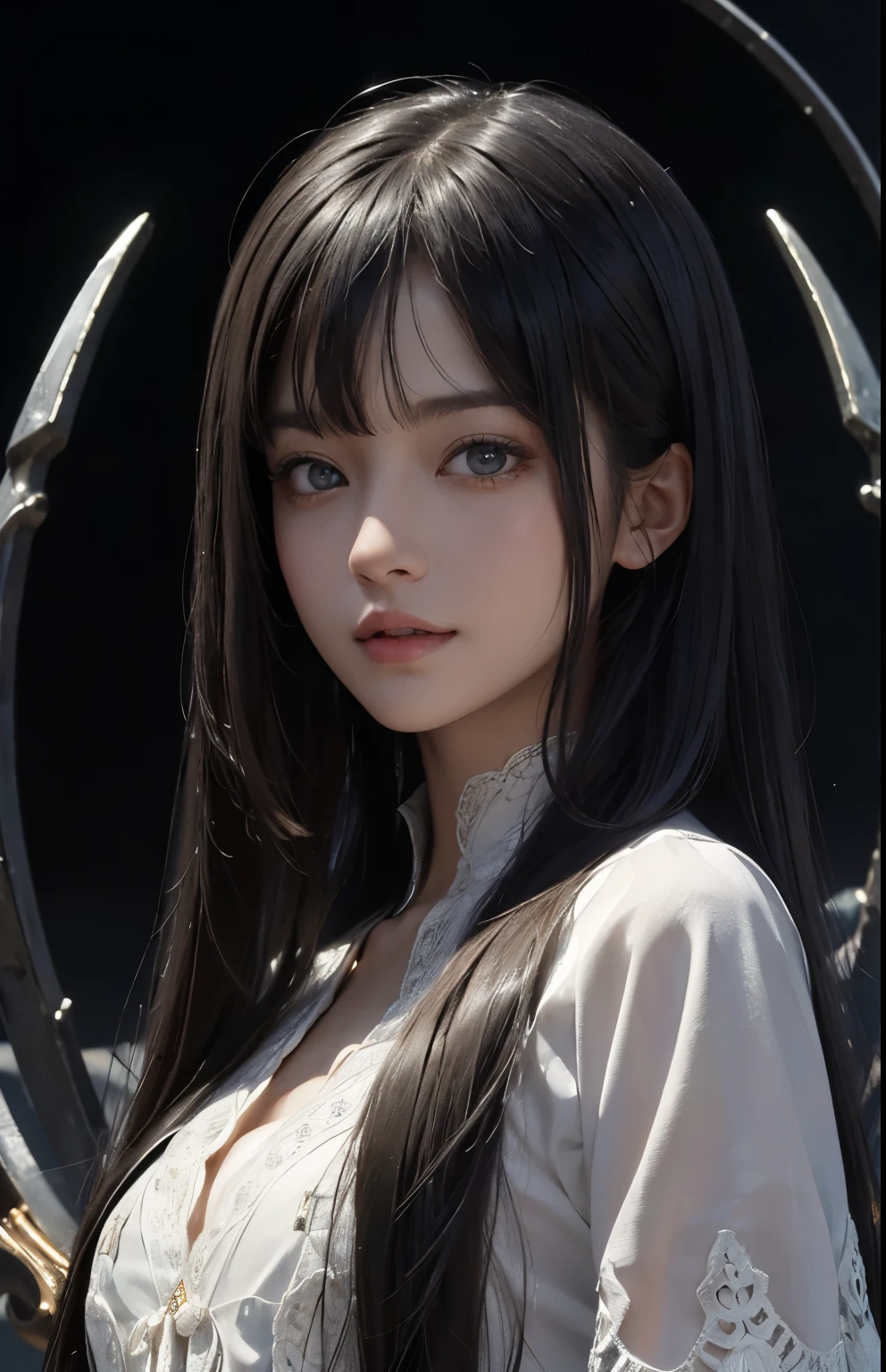 (surreal), (figure), (Improved resolution), (8k), (very detailed), (Best figure), (beautiful and detailed eyes), (highest quality), (super detailed), (masterpiece ), ( wallpaper), (detailed face), alone, 1 girl, looking at the viewer, small details, detailed face, in the dark, deep shadow, discreet key, Pure erotic face ace_v1, smile, long hair, black shawl straight hair , 46 point diagonal bangs