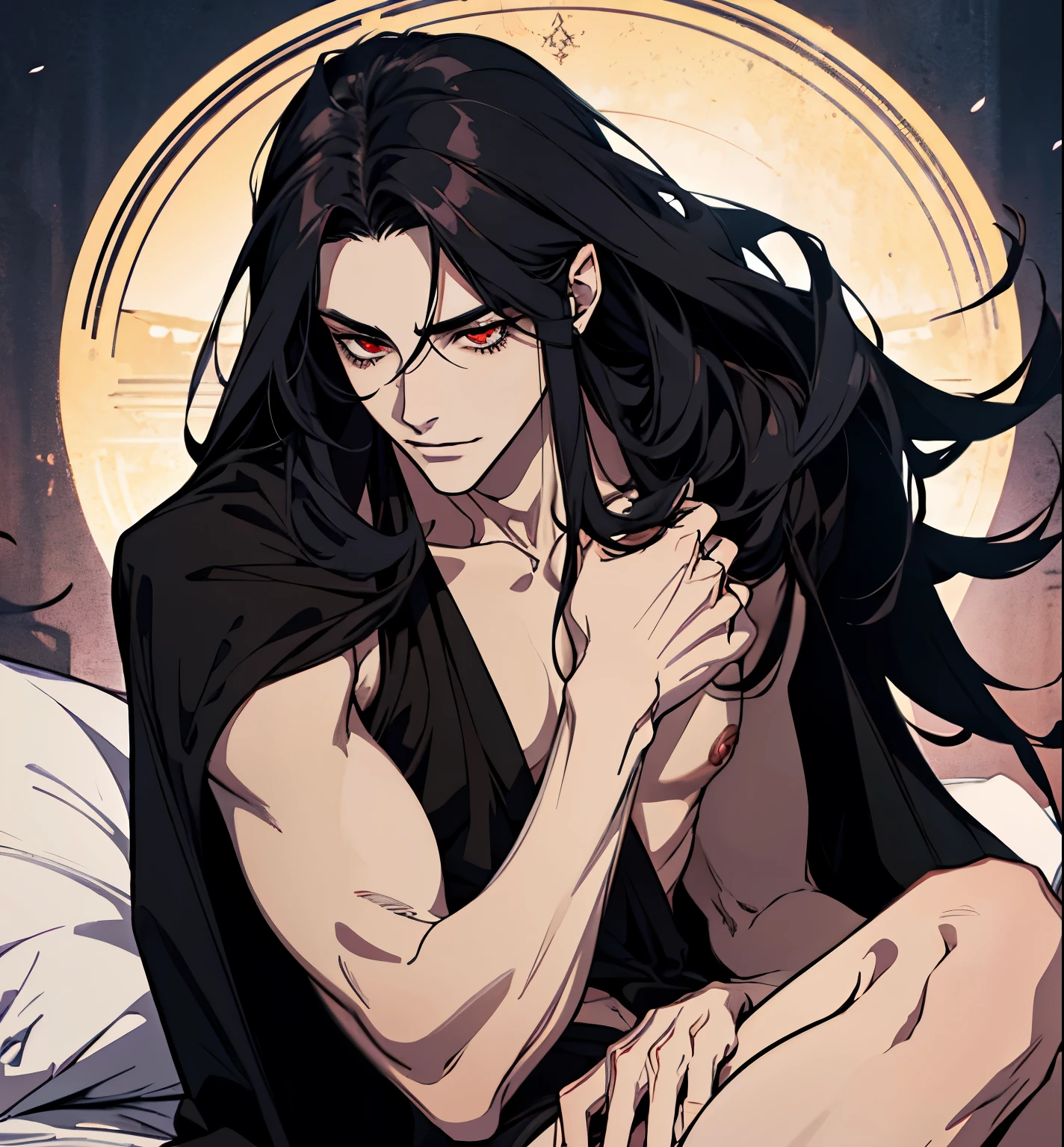 black hair, alucard, full body, 1 beautiful male god of death, detailed anime character art, male vampire of clan banu haqim, l vampire, with his long black hair, androgynous vampire, detailed 25 year old male face, ultra realistic anime, red eyes, no emotions, INTJ, intelligent, sexy, attractive, full body, tongle, no clothes, no shirt, adult content, on the bed. smile, grin
