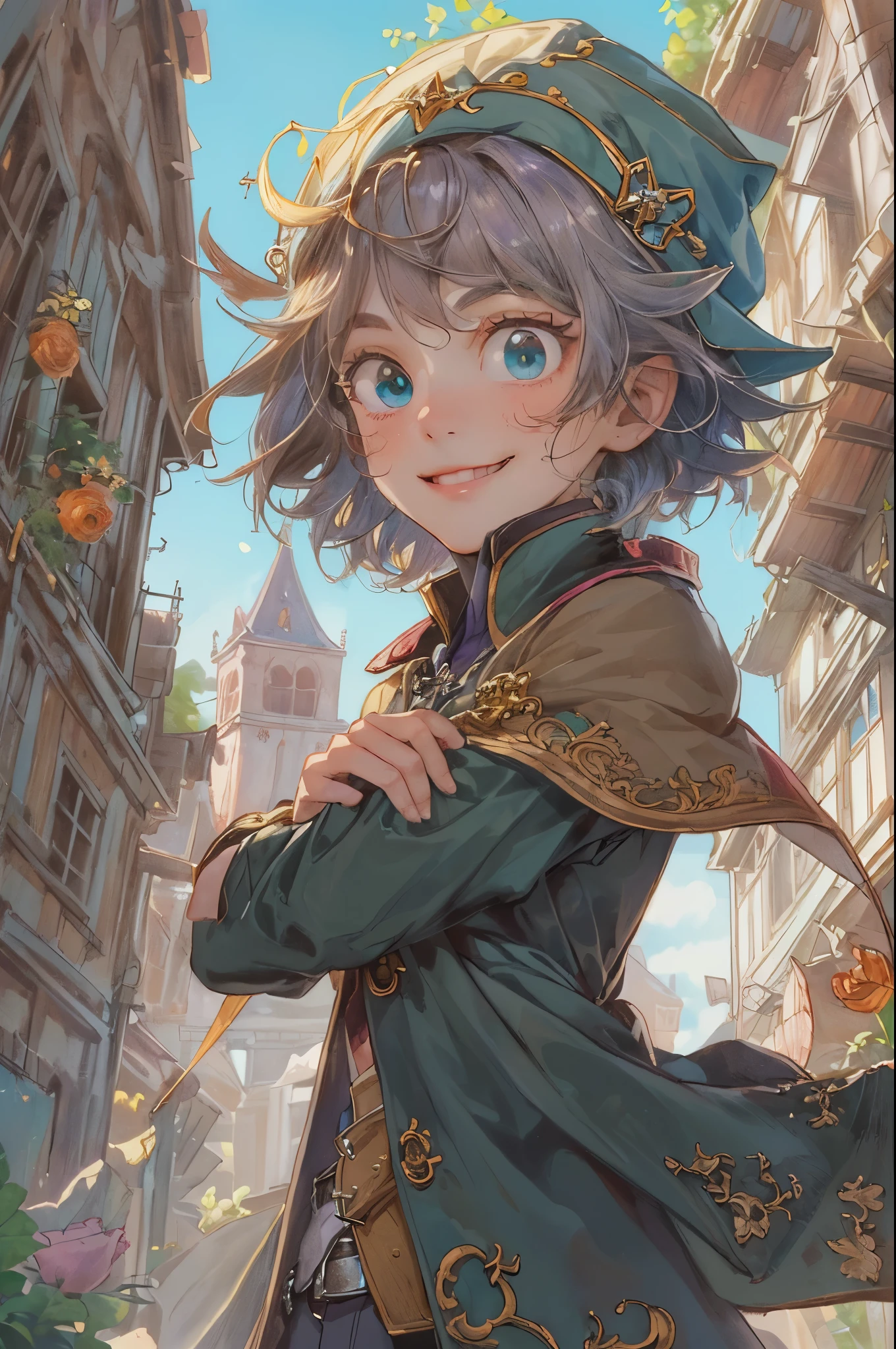 ((absurdres, highres, ultra detailed), 1 boy, young boy, handsome boy villain character from witch academia, detailed hair with detailed headgear ornaments, detailed short hair, anime eyes, bangs, detailed mage clothes with brown cape with little purple details showing, showing chest on creases, crop top, finely detailed eyes red details showing and detailed face, smirk, dimples, extremely detailed CG unity 8k wallpaper, blue details on side, intricate details yellow details on left, portrait, ruin of pink roses, market theme, showing lot of skin, from below, 1:1 , eyes on viewer, detailed houses town scenery background