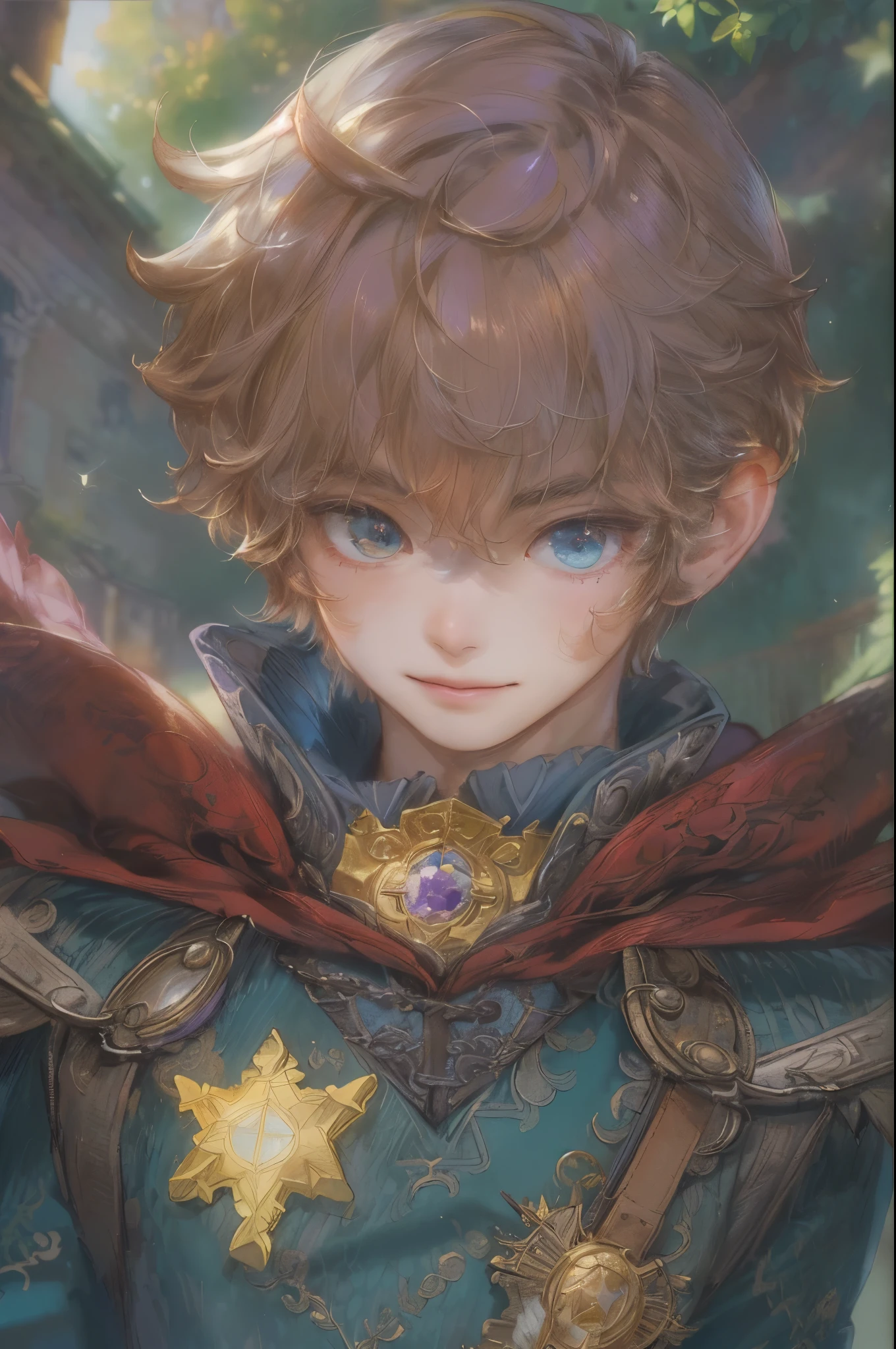 ((absurdres, highres, ultra detailed), 1 boy, young boy, handsome boy villain character from witch academia, detailed hair with detailed headgear ornaments, detailed short hair, anime eyes, bangs, detailed mage clothes with brown cape with little purple details showing, showing chest on creases, crop top, finely detailed eyes red details showing and detailed face, smirk, dimples, extremely detailed CG unity 8k wallpaper, blue details on side, intricate details yellow details on left, portrait, ruin of pink roses, market theme, showing lot of skin, from below, 1:1 , eyes on viewer, detailed houses town scenery background