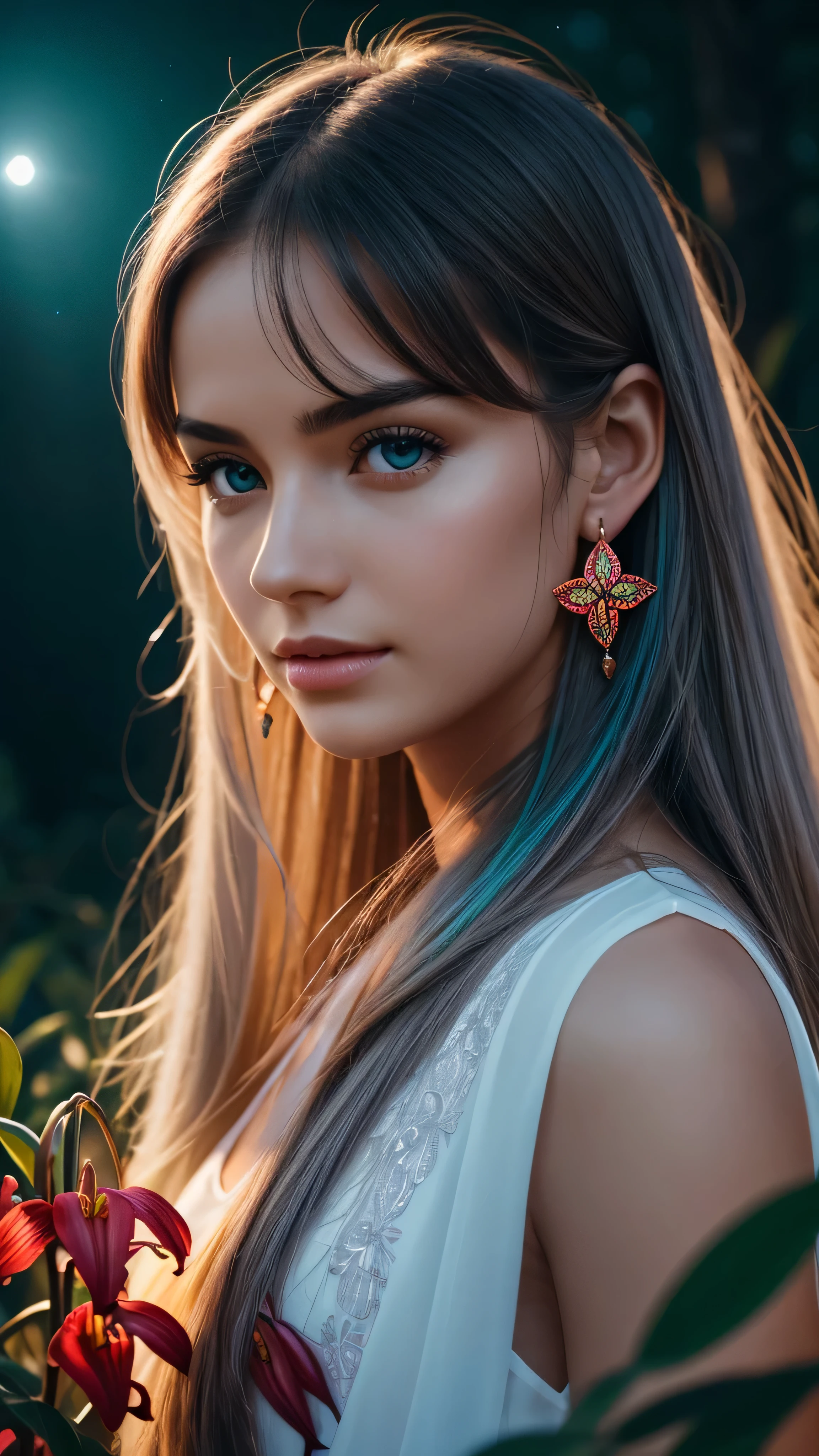 Beautiful realistic girl with BRIGHT WHITE-BLUE long hair ,Close-up of clean skin with detailed skin ,full length,in a short miniskirt,on an orange background ,Against the background of the starry sky,bright makeup,EARRINGS WITH GLITTERS,two-leaf gray flower,translucent speckled bifoliate gray,Bioluminescent - Ultra High Quality 8K Music Equalizer, High contrast, rich colors, soft light, Super detailed photos. ultra high quality 8K, High contrast, noise reduction, яркие rich colors.. high quality, 8K Ultra HD, High contrasthigh quality,мягкие close focus,very beautiful flower, translucent red lily of the valley with dew drop flower, bioluminescent flower glows and shimmers, he grows in a mysterious forest, shrouded in mystery, Сверхhigh quality 8k, High contrast, rich colors, soft light, Ultra-detailed photos. Сверхhigh quality 8k, High contrast, noise reduction, bright rich colors.. high quality, 8K Ultra HD, High contrast
