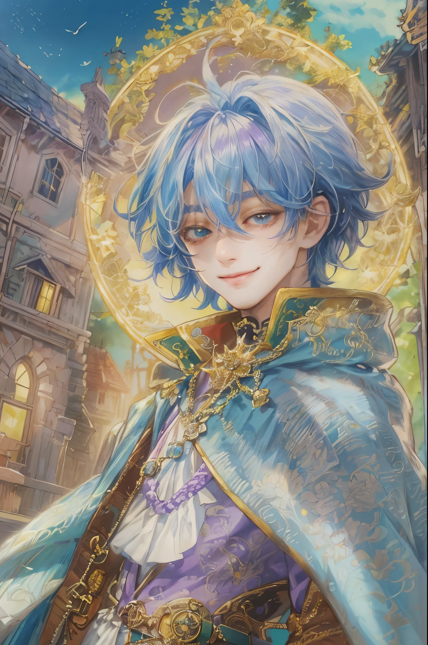 ((absurdres, highres, ultra detailed), 1 boy, young boy, handsome boy villain character from Pretty Cure, male version, detailed hair with detailed headgear ornaments, detailed short hair, anime eyes, bangs, detailed mage clothes with brown cape with little purple details showing, showing chest on creases, crop top, finely detailed eyes red details showing and detailed face, smirk, dimples, extremely detailed CG unity 8k wallpaper, blue details on side, intricate details yellow details on left, portrait, ruin of pink roses, market theme, showing lot of skin, from below, 1:1 , eyes on viewer, detailed houses town scenery background