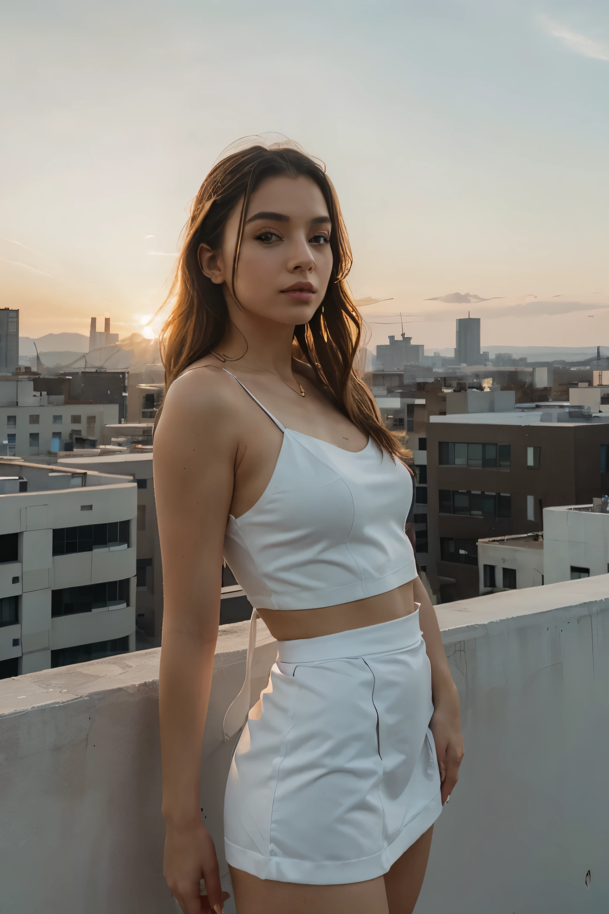 a perfect babe face wearing white with sexy lip {{realistic}} standing on top of build, golden hour view, dept of field, city behind