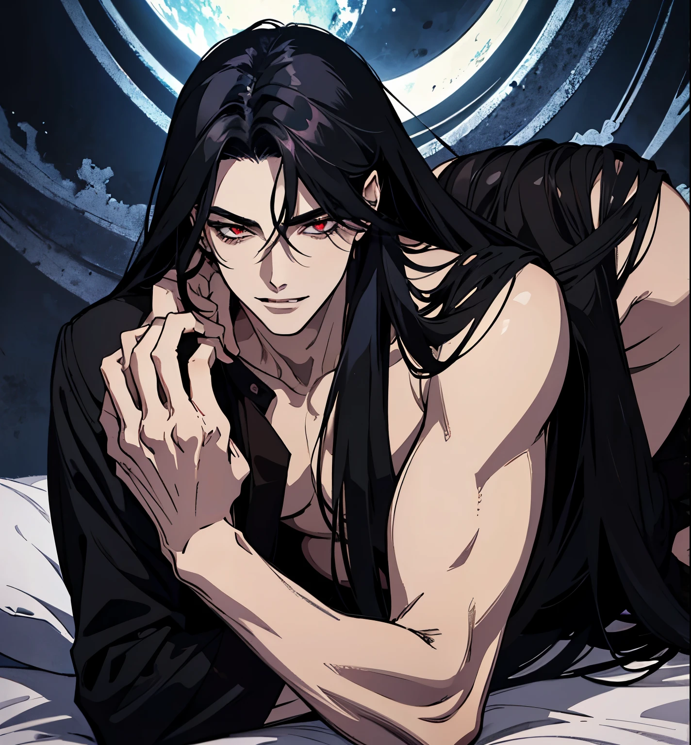 black hair, alucard, full body, 1 beautiful male god of death, detailed anime character art, male vampire of clan banu haqim, l vampire, with his long black hair, androgynous vampire, detailed 25 year old male face, ultra realistic anime, red eyes, no emotions, INTJ, intelligent, sexy, attractive, full body, tongle, no clothes, no shirt, adult content, on the bed. smile, grin