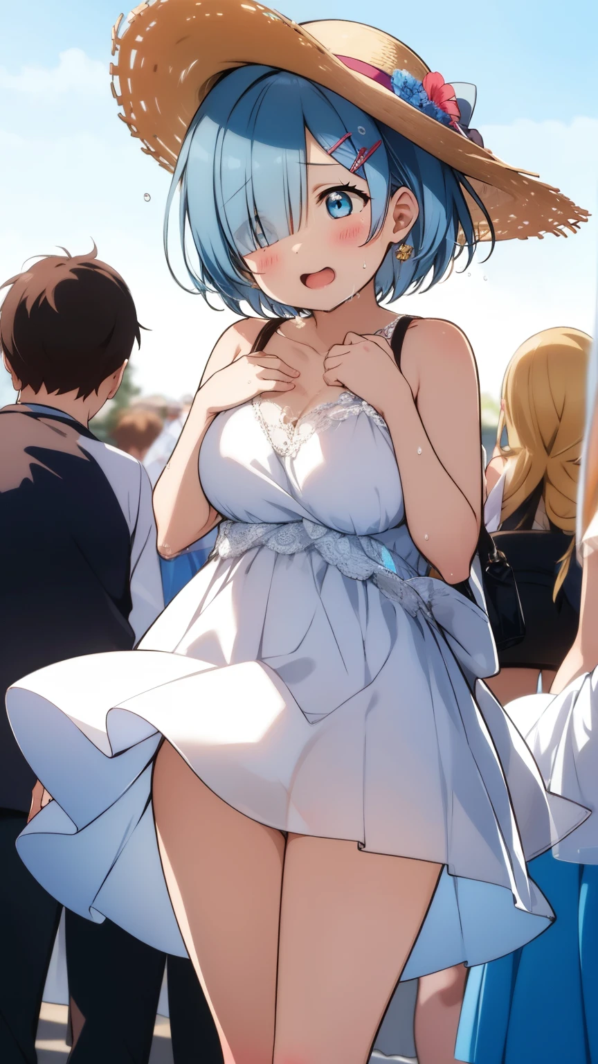 Re:Zero&#39;s Rem、light blue hair、short hair、table top、High resolution、many girls multiple girls、large crowd、lots of cute girls、big and full breasts、naughty body、See-through、throw、、whole body、Are standing、Look up at me、confused face、blush、embarrassing、I&#39;m panicking、The shape of a woman&#39;s private parts is clearly visible、I can see your nipples、white skirt、micro mini skirt、very short skirt、Many people々々々々々、in the crowd、bare chest、show your chest、Upper grade、A lot of milk comes out from the nipples、Breast milk gushes from the nipple、very big breasts、show your chest、bare chest、straw hat、white dress、sunflower field、bangs that cover one eye、pink hairpin、white sandaly crotch is wet