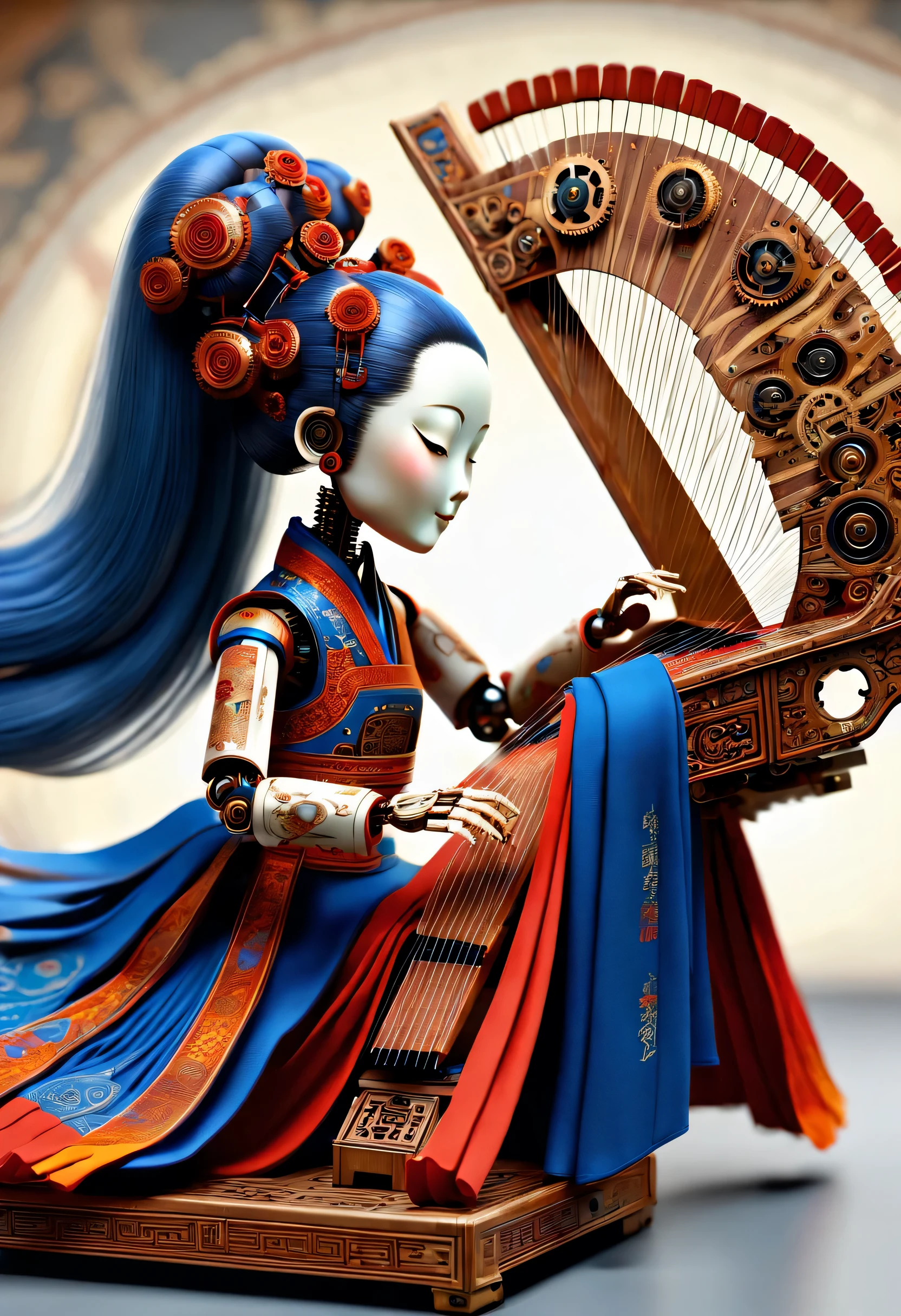 Mechanical doll design,Map design style, (Mechanically constructed dolls from the Han Dynasty,Playing the mechanical Chinese guzheng), robot character, Beautiful and meticulous,Mechanical clockwork,gear,Mechanical device base,Extra long red double braided hair,blue and orange skirt,dance,8k,Ultra-fine,lifelike,high resolution,Motion ray tracing,
