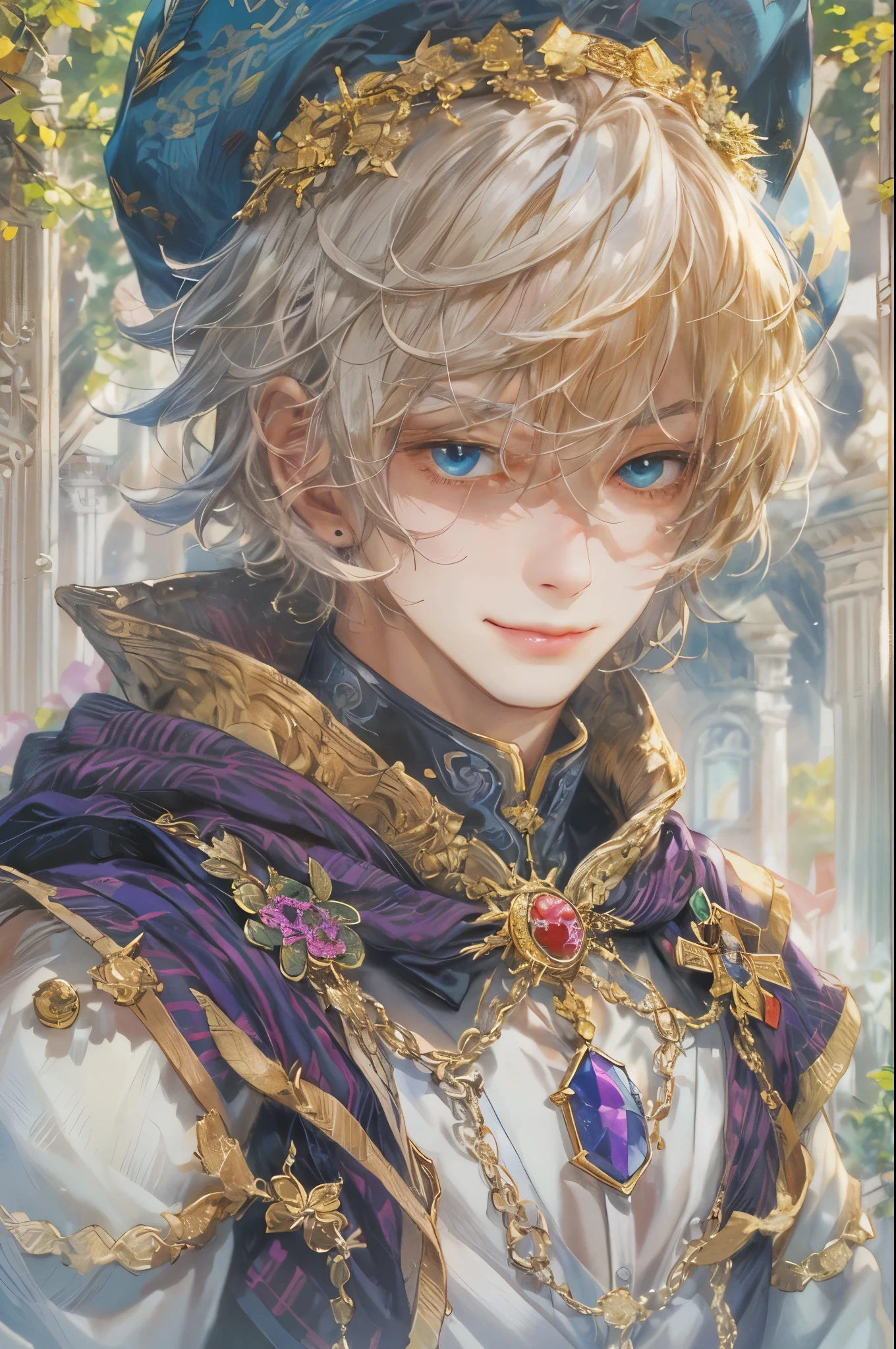 ((absurdres, highres, ultra detailed), 1 boy, young boy, handsome boy villain character from Pretty Cure, male version, detailed hair with detailed headgear ornaments, detailed short hair, anime eyes, bangs, detailed mage clothes with brown cape with little purple details showing, showing chest on creases, crop top, finely detailed eyes red details showing and detailed face, smirk, dimples, extremely detailed CG unity 8k wallpaper, blue details on side, intricate details yellow details on left, portrait, ruin of pink roses, market theme, showing lot of skin, from below, 1:1 , eyes on viewer, detailed houses town scenery background