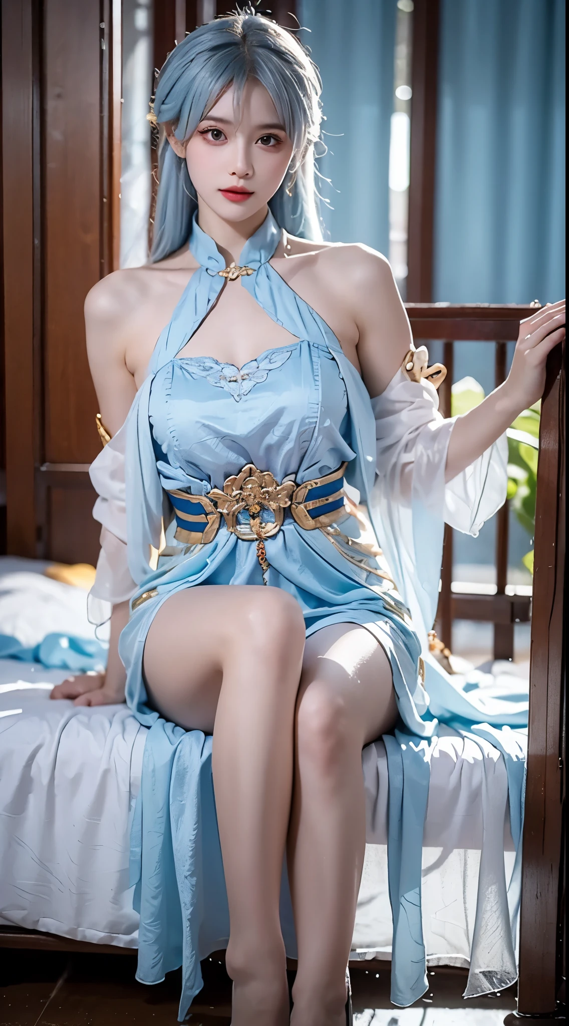 yinziping,china dress,, ((full body))，((Aerial view)),(masterpiece，best quality，high resolution)，(Colorful background，(splash of color))，((bare shoulders)), liuyifei, sweet girl，Lying in bed, Light blue and white medium length hair，[light blue|pink]hair，curls，Shiny，红pink的嘴唇，colored flowers，Volumetric lighting，plump breasts，big breasts, cleavage, grace的姿态，Sexy and slender legs, original photo, best quality, 脸庞beauty精致，Otherworldly beauty, Attract attention。beauty、grace、mystery