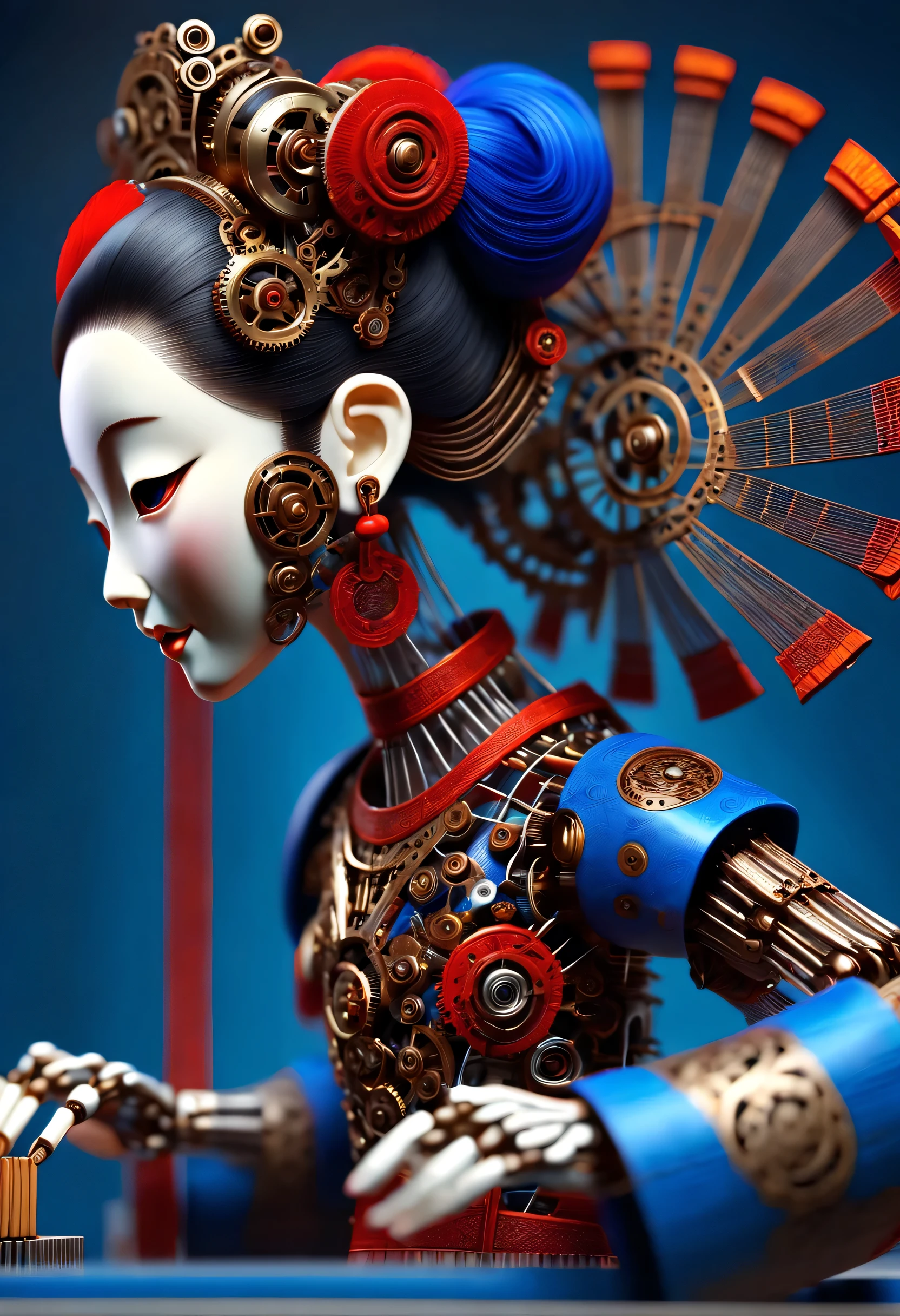 Mechanical doll design,Map design style, (Mechanically constructed dolls from the Han Dynasty,Playing the mechanical Chinese guzheng), robot character, Beautiful and meticulous,Mechanical clockwork,gear,Mechanical device base,Extra long red double braided hair,blue and orange skirt,dance,8k,Ultra-fine,lifelike,high resolution,Motion ray tracing,