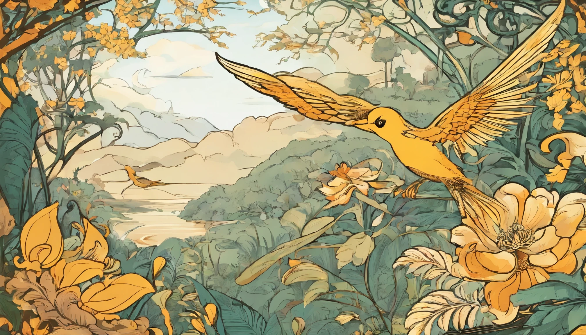 in the jungle、wood々is overgrown、There are several yellow and orange long-tailed birds.。