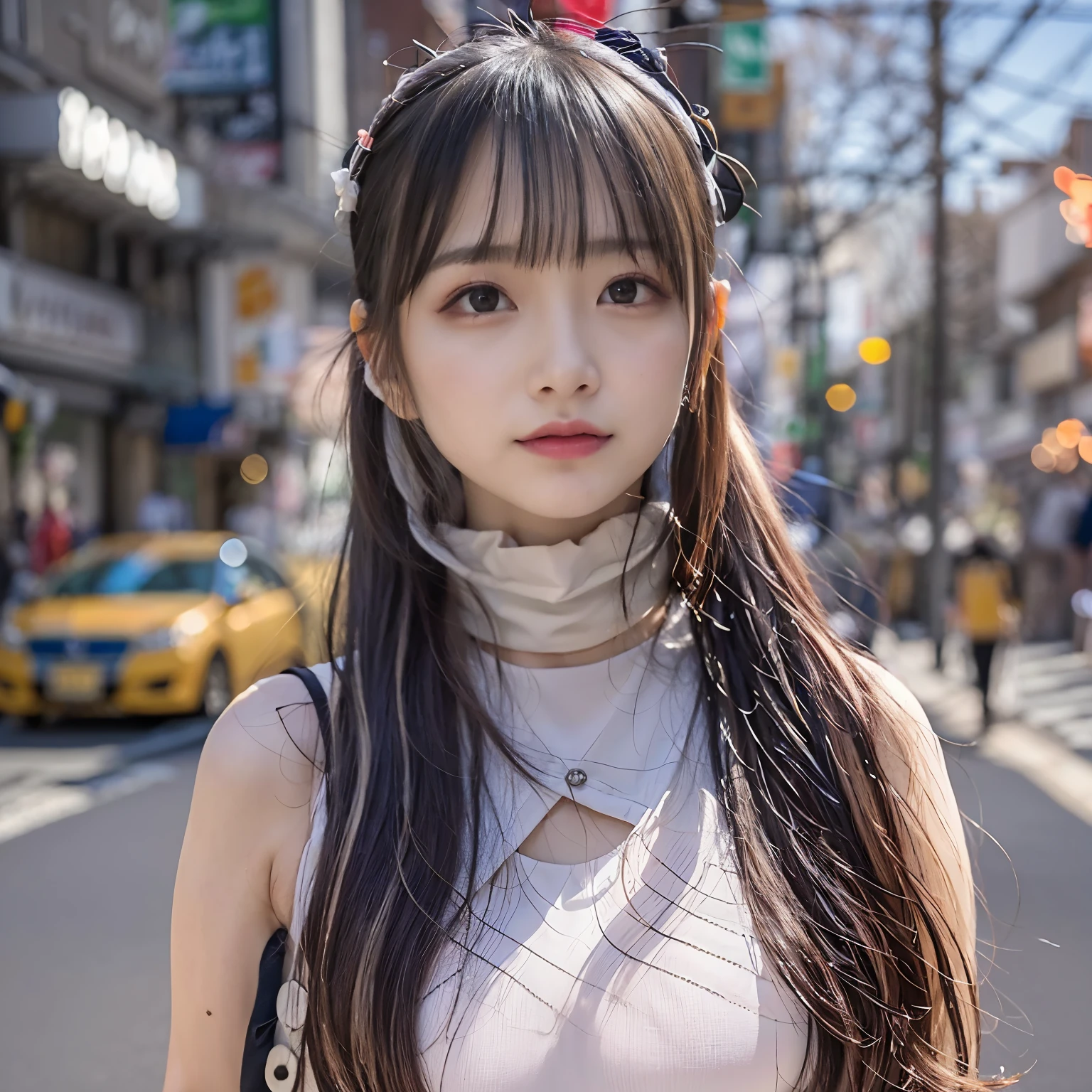 (realistic、Like a photograph、live action、8k, Photoreal, RAW photo, best image quality: 1.4), Single-lens reflex camera、RAW photo, highest quality, realistic, Highly detailed CG Unity 8k wallpaper, Depth of written boundary, cinematic light, Lens flare, ray tracing, realistic background、(Wearing landmine style fashion:1.2、JIRAIKEi，cleavage:1.37、big breasts:1.3、((super dense skin))、1 girl、beautiful japanese girl、((whole body:1.5)、looking at the viewer:1.1、embarrassed look、long hair:1.2、i like the style、fashionable hairstyle、pay attention to details、hair up、(white skin)、beautiful feet:1.1，standing in the street、Composition from below