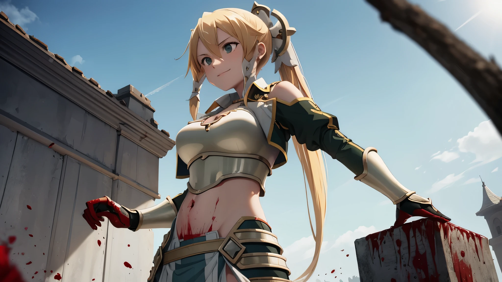 girl, slaughter, belly button, big breasts, femdom, slaughter, Blood on the body, Blood on the armor, Blood on the belly button, Blood on the stomach, Blood on the breasts, provocation, tall, long sword, slashing sword, splashing blood, tall, Blood, gun, knife, sword, war, underwear, kill, Behead, shot from below, sensual, Blood on the breasts, smile, miscellaneous soldiers