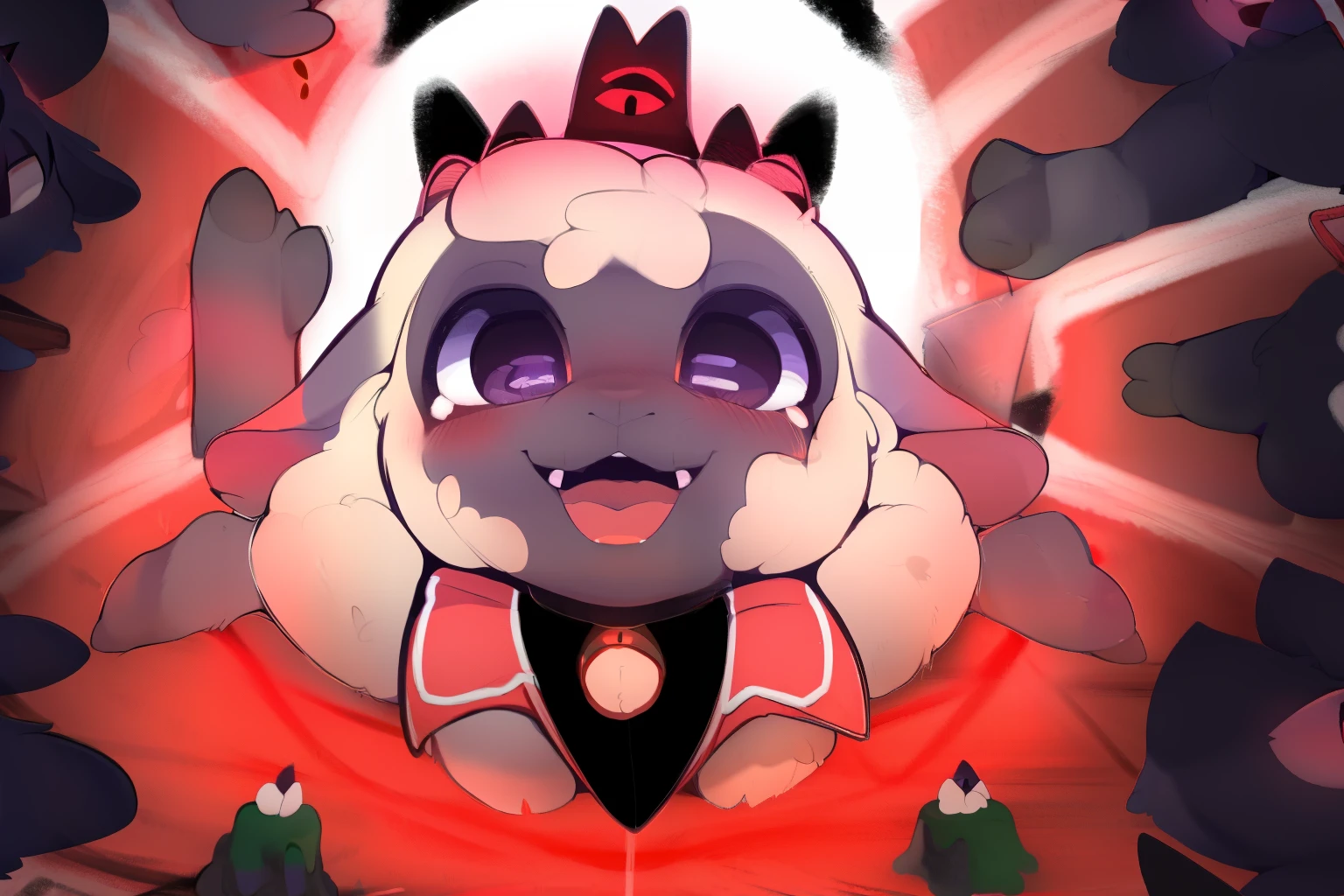 (lamb \(cult of the lamb\)), shortstack ,maid Uniform , looking at viewer, red eyes, ears, horizontal pupils, pentagram, horn, white sclera, Huge wide butt
,