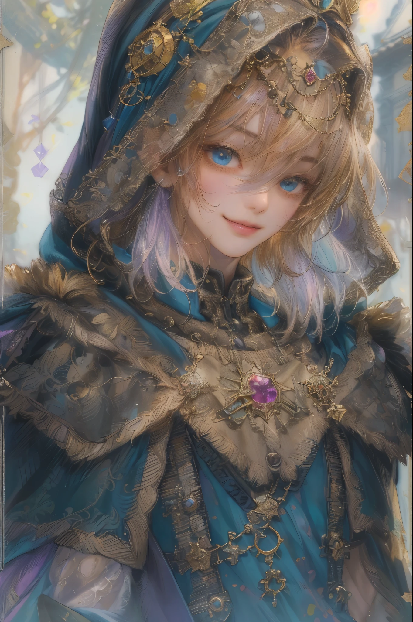 ((absurdres, highres, ultra detailed), 1 boy, young boy, handsome boy villain character from sugar sugar rune, detailed hair with detailed headgear ornaments, detailed short hair, anime eyes, bangs, detailed mage clothes with brown cape with little purple details showing, showing chest on creases, crop top, finely detailed eyes red details showing and detailed face, smirk, dimples, extremely detailed CG unity 8k wallpaper, blue details on side, intricate details yellow details on left, portrait, ruin of pink roses, market theme, showing lot of skin, from below, 1:1 , eyes on viewer, detailed houses town scenery background