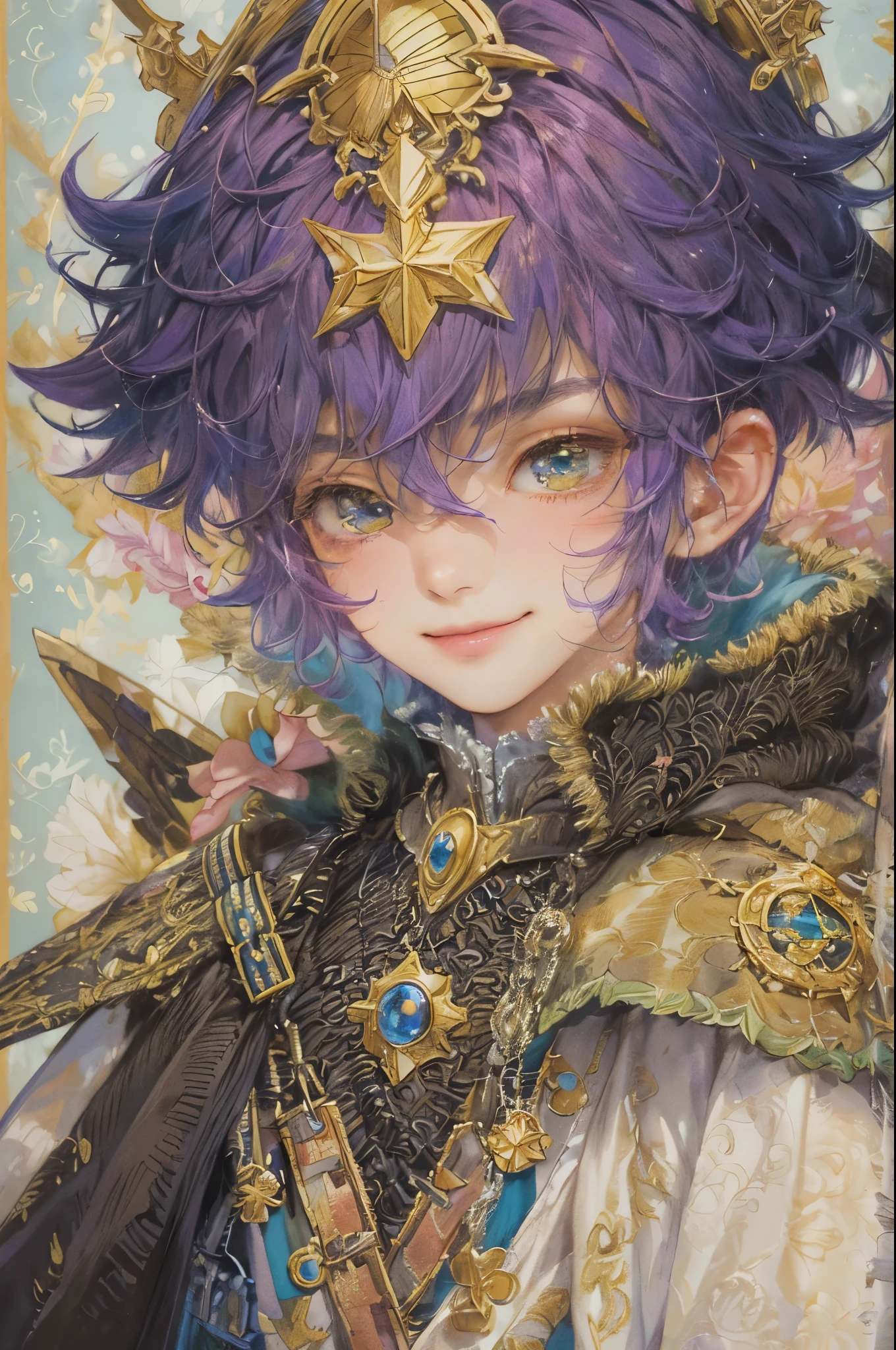 ((absurdres, highres, ultra detailed), 1 boy, young boy, handsome boy villain character from sugar sugar rune, detailed hair with detailed headgear ornaments, detailed short hair, anime eyes, bangs, detailed mage clothes with brown cape with little purple details showing, showing chest on creases, crop top, finely detailed eyes red details showing and detailed face, smirk, dimples, extremely detailed CG unity 8k wallpaper, blue details on side, intricate details yellow details on left, portrait, ruin of pink roses, market theme, showing lot of skin, from below, 1:1 , eyes on viewer, detailed houses town scenery background