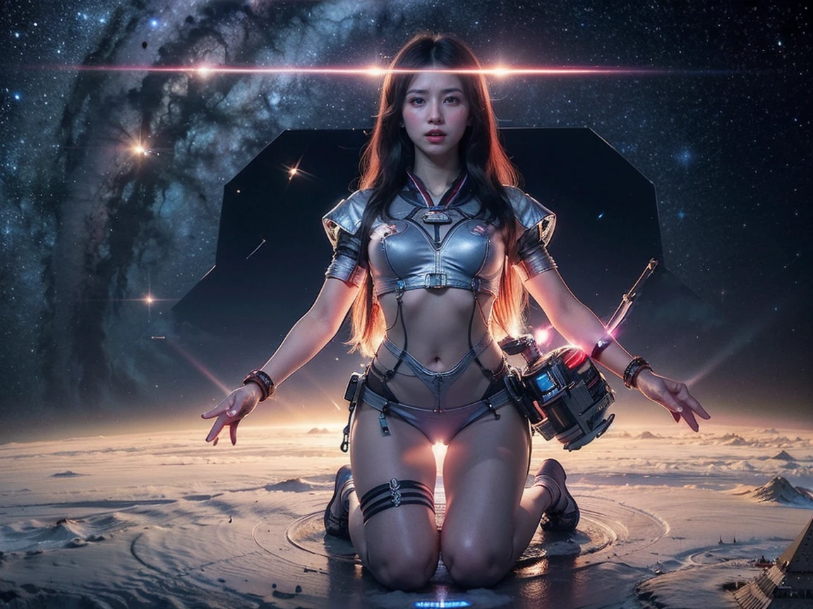 (RAW photo, highest quality), (realistic, Photoreal:1.3), 1 girl、realisticbody、old shrine maiden costume、Pyramid-shaped UFO flying from space、laser light、looking up