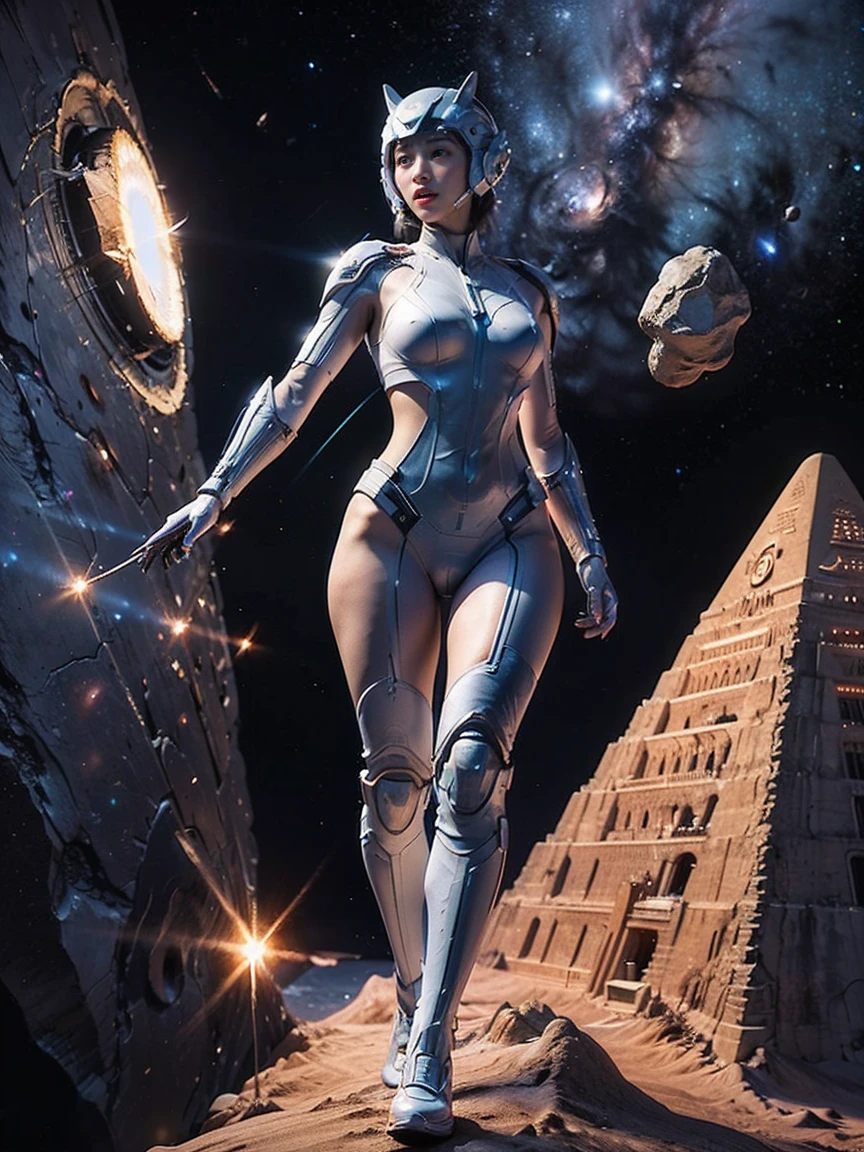 (RAW photo, highest quality), (realistic, Photoreal:1.3), 1 girl、realisticbody,old space costume、Ancient、boulder、Ancientの儀式、Many pyramid-shaped UFOs flying from space、laser light、