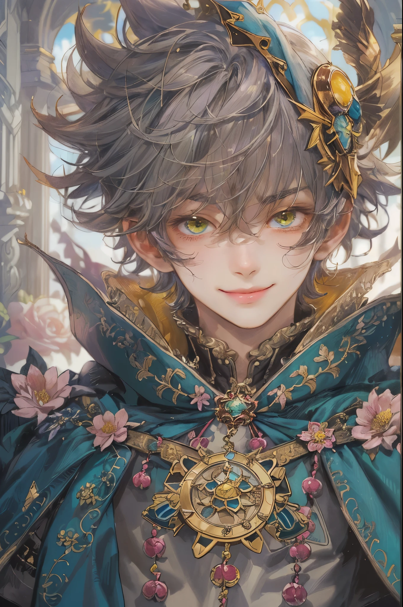 ((absurdres, highres, ultra detailed), 1 boy, young boy, handsome boy villain character from Pretty Cure, male version, detailed hair with detailed headgear ornaments, detailed short hair, anime eyes, bangs, detailed mage clothes with brown cape with little purple details showing, showing chest on creases, crop top, finely detailed eyes red details showing and detailed face, smirk, dimples, extremely detailed CG unity 8k wallpaper, blue details on side, intricate details yellow details on left, portrait, ruin of pink roses, market theme, showing lot of skin, from below, 1:1 , eyes on viewer, detailed houses town scenery background