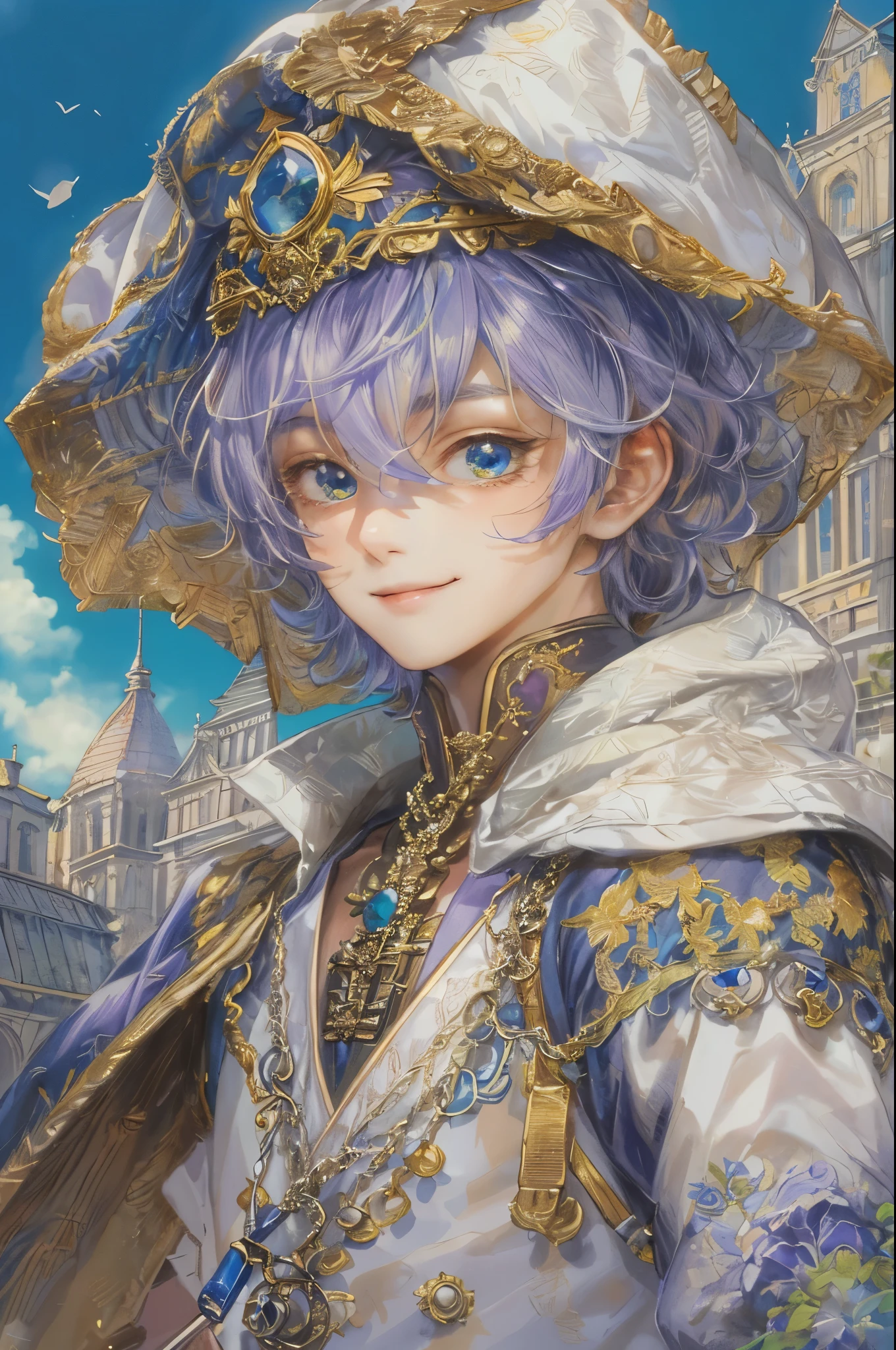 ((absurdres, highres, ultra detailed), 1 boy, young boy, handsome boy villain character from Pretty Cure, male version, detailed hair with detailed headgear ornaments, detailed short hair, anime eyes, bangs, detailed mage clothes with brown cape with little purple details showing, showing chest on creases, crop top, finely detailed eyes red details showing and detailed face, smirk, dimples, extremely detailed CG unity 8k wallpaper, blue details on side, intricate details yellow details on left, portrait, ruin of pink roses, market theme, showing lot of skin, from below, 1:1 , eyes on viewer, detailed houses town scenery background