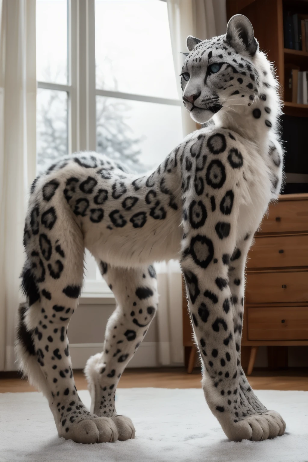 ((best quality)), ((masterpiece)), (detailed), perfect face, photorealistic image of a young woman on all fours, wearing an ultra-realistic snow leopard costume that is completely indistinguishable from a real snow leopard, aside from her visible human face. The costume replicates the snow leopard's fur, patterns, posture, and tail with astonishing accuracy, making her resemble a snow leopard in its natural stance. She is positioned in a cozy living room