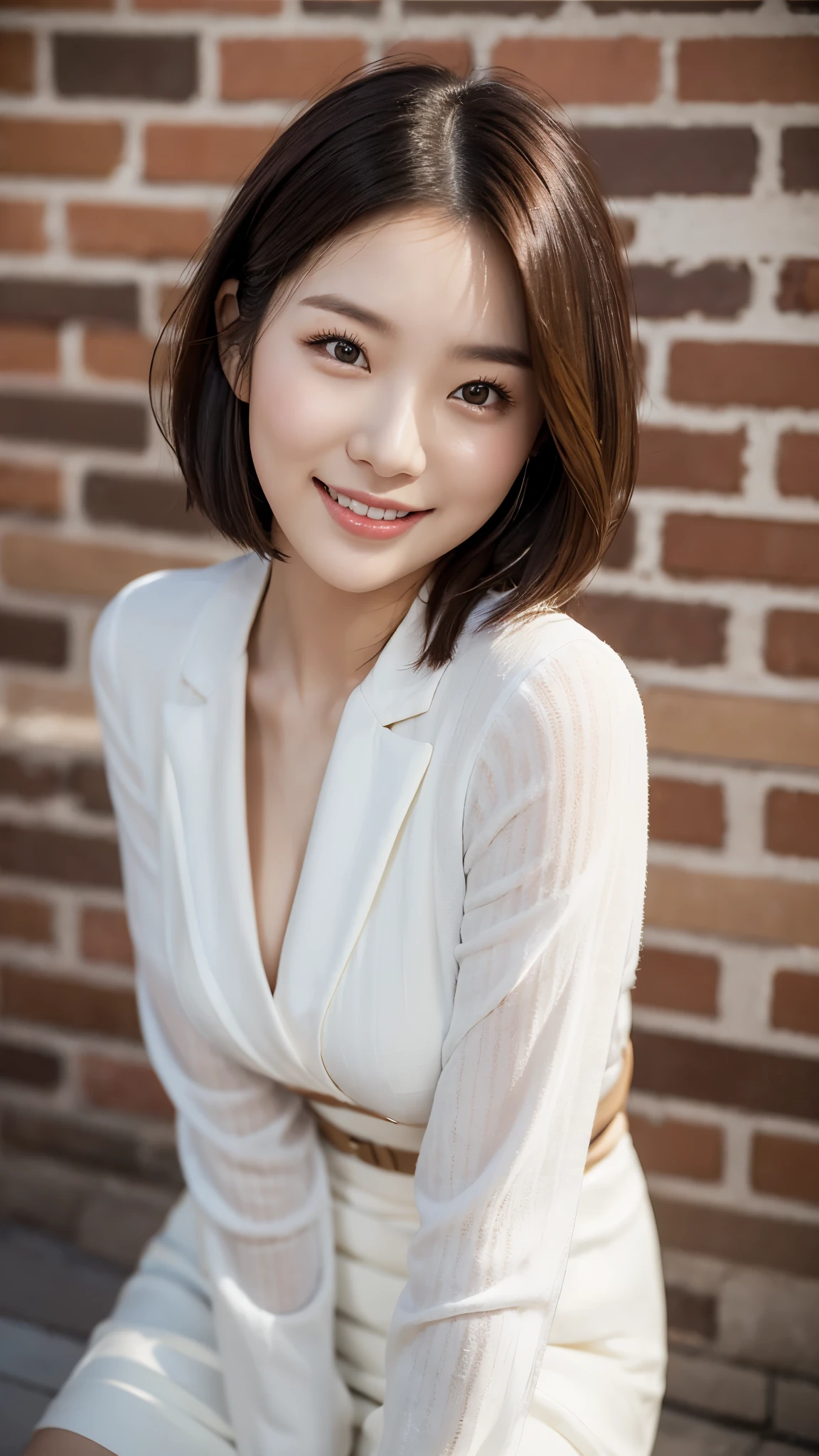 Beautiful Korean girl with good style、white and beautiful skin、short height、brown hair、bob cut hair、reddish brown eyes、slanted eyes、thin eyebrows、thick lips、smile、fancy clothes、Fashion Model、brick background、