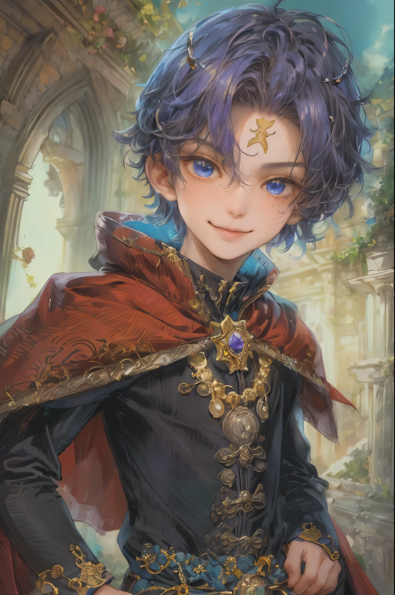 ((absurdres, highres, ultra detailed), 1 boy, young boy, handsome boy villain character from sugar sugar rune, detailed hair with detailed headgear ornaments, detailed short hair, anime eyes, bangs, detailed mage clothes with brown cape with little purple details showing, showing chest on creases, crop top, finely detailed eyes red details showing and detailed face, smirk, dimples, extremely detailed CG unity 8k wallpaper, blue details on side, intricate details yellow details on left, portrait, ruin of pink roses, market theme, showing lot of skin, from below, 1:1 , eyes on viewer, detailed houses town scenery background