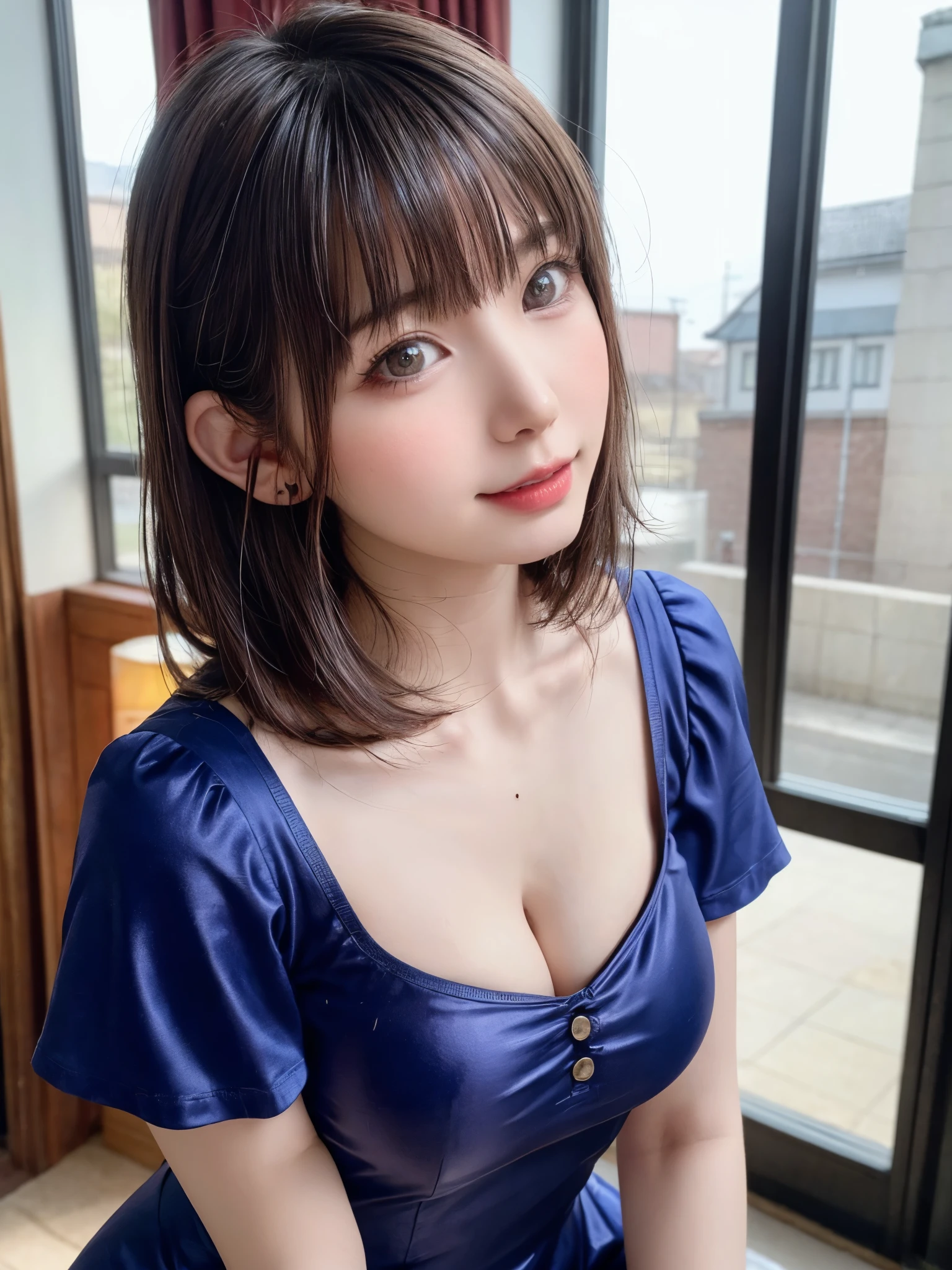 (masterpiece, highest quality、super dense skin、get used to it),1 girl, alone,Beautiful symmetrical face、 hyper realistic, realistic,realistic, light brown eyes stare at the viewer,Brunette short bob hair with highly detailed shiny hair:2、intense eye highlights), See-through brightly colored winter clothes,Lovely see-through costume full of charm、 lips,lip gloss, outdoors, Upper body、Big eyes、eyelash、{Huge|big|Hugeな|mega} chest:2, cleavage:2、(Big eyess short bob hair beautiful detailed eyes、Adds intense highlights to your eyes with eye-catching light、large full chest、look at the audience、she is very beautiful and cute、show me your ears、long neck:1.4、smile、Close your mouth and smilee、perfect anatomy、ideal body proportions、Please tilt your head slightly)、(Snow-covered tree-lined street in Norway in winter)、(she is a very cute and attractive woman)、portrait:2、perfect anatomy