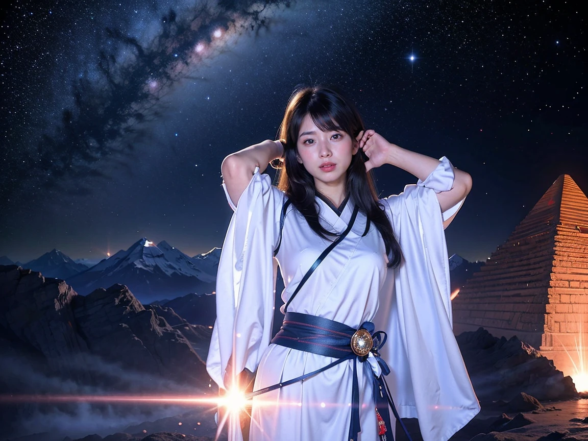 (RAW photo, highest quality), (realistic, Photoreal:1.3), 1 girl、realisticbody、old shrine maiden costume、Pyramid-shaped UFO flying from space、laser light、looking up