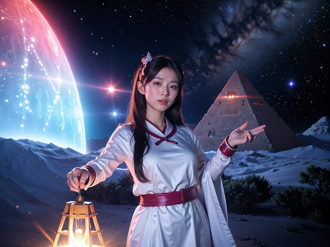 (RAW photo, highest quality), (realistic, Photoreal:1.3), 1 girl、realisticbody、old shrine maiden costume、Pyramid-shaped UFO full of space、laser light、looking at the camera
