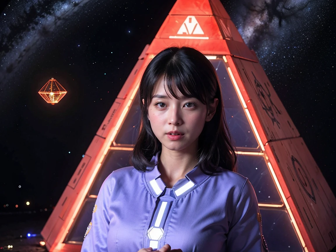 (RAW photo, highest quality), (realistic, Photoreal:1.3), 1 girl、realisticbody、old shrine maiden costume、Pyramid-shaped UFO full of space、laser light、looking at the camera