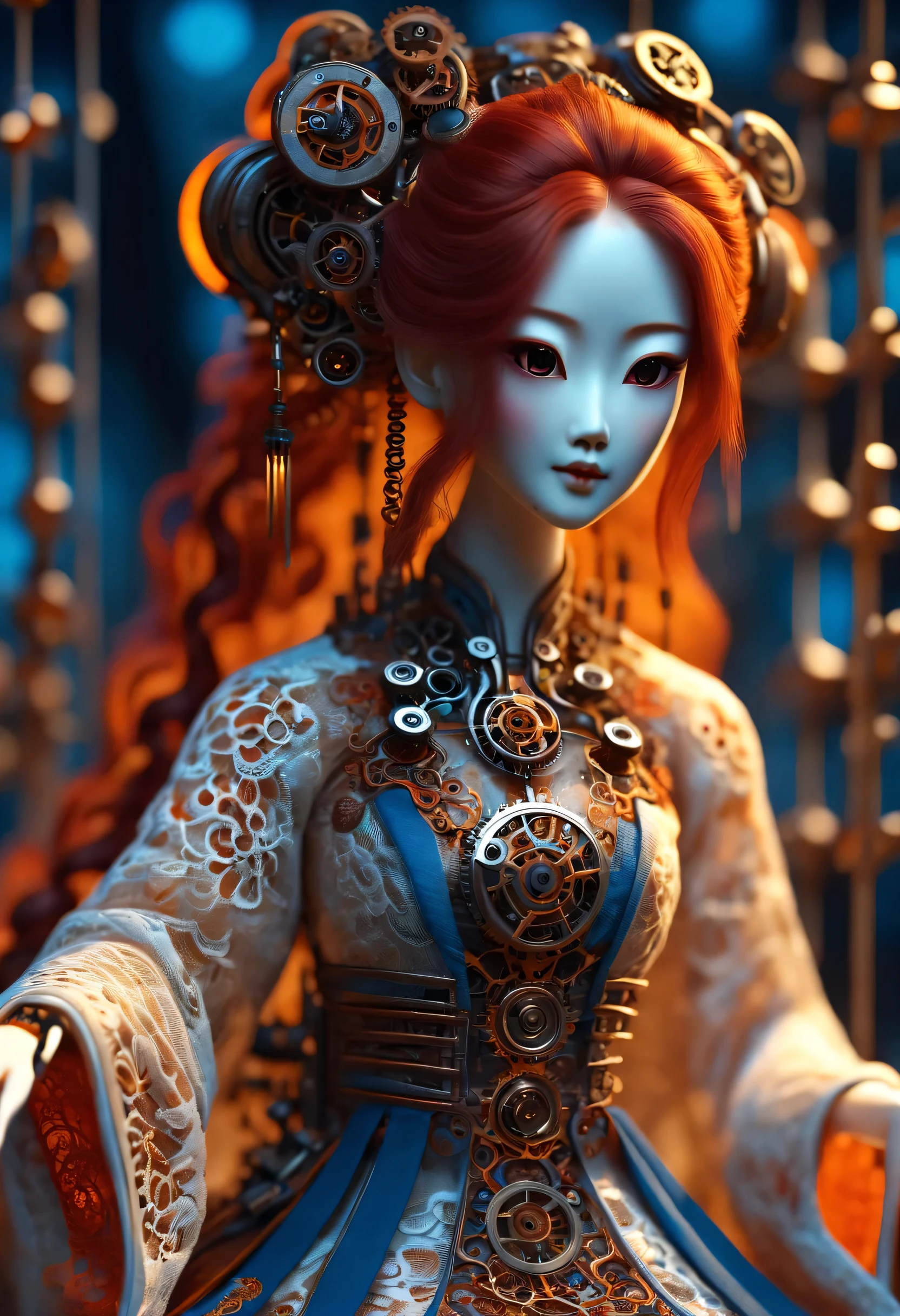 Mechanical doll design，（whole body），（Mechanically constructed Chinese Hanfu doll playing electronic mechanical guzheng）, Beautiful and detailed mechanical ingenuity，（Mechanical clockwork，gear，Mechanical device base），Extra long wavy red head，orangeskirt，8k smoke，Ultra-fine，lifelike，high resolution，Motion ray tracing，discover realism，dramatic lighting，Steampunk elements，Eerie and surreal atmosphere，Intricate lace pattern，exquisite craftsmanship，Gothic aesthetics，strange beauty，[high dynamic range]，[Fear]，[concept artist]，[keen focus]，[main]，[bright colors]，[Bokeh]，Long range shooting，Blue-orange