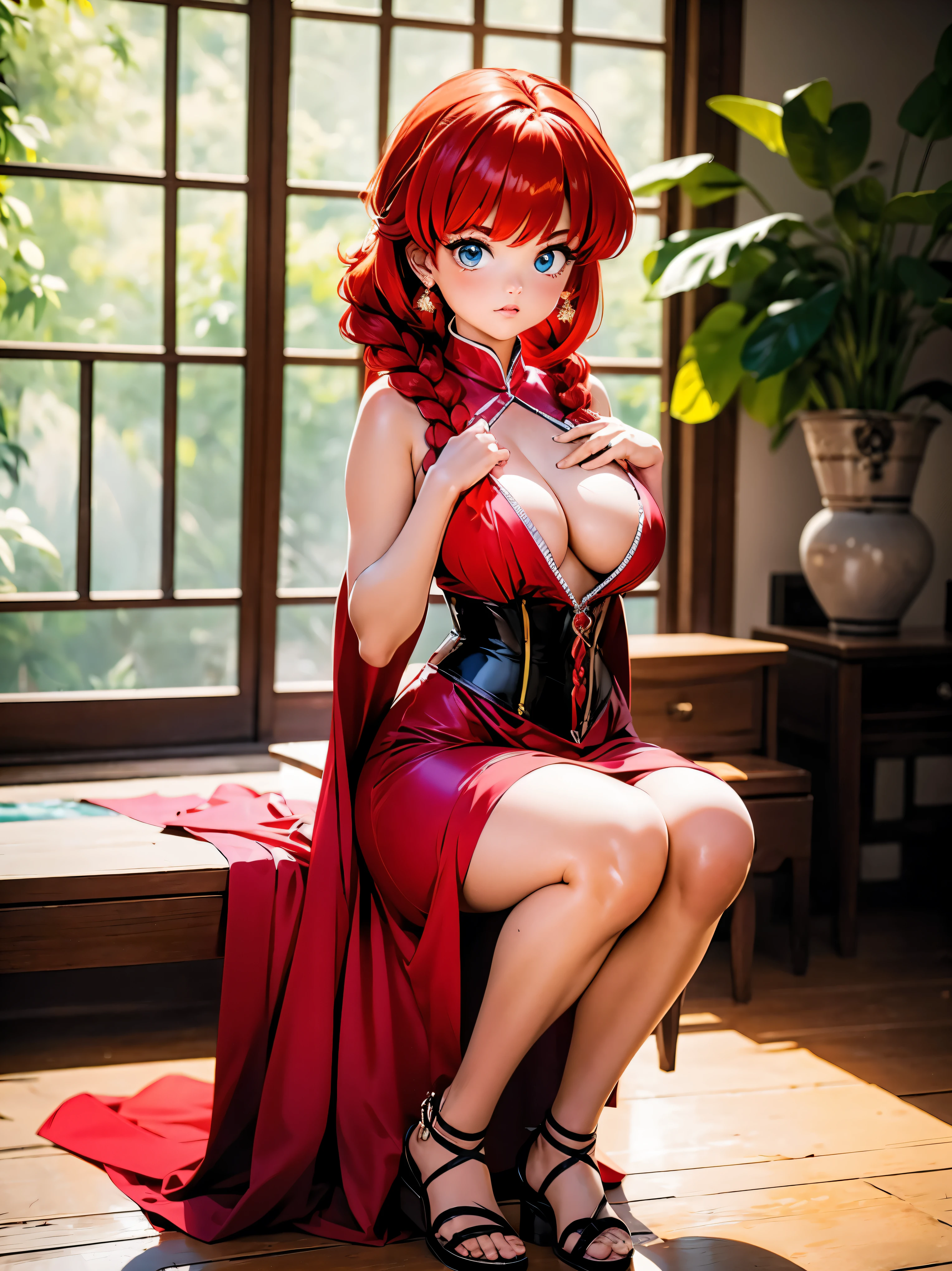 Garota Ruiva de anime em vestido lonho vermelho e corset pink, saia, 16 anos, corpo bonito, seios grandes, com as hands on chest, hands on chest, Garota sexy, red hair with braid, mechas de cabelo laterais, mechas de cabelo na lateral do rosto, beautiful lighting, sombras suaves, olhos azuis, pernas bonitas, hair with braid, estilo anime, Ranma Chan, Autora Rumiko Takahashi, Baseado em obra de Rumiko Takahashi, Anime Ranma 1/ 2, decote sexy, quadril robusto, corpo inteiro, corpo inteiro, busto grande, garota jovem com corpo belo e bonito, sandals on his feet, garota 16 anos jovem baixa estatura, vestindo vestido vermelho chines e corset pink, garota anime, estilo anime, beautiful feet in sandals, 45° viewing angle, ao ar livre, red hair braid, grande , peito grande