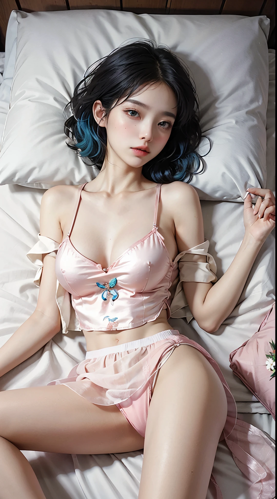 panties,underwear,see-through,sitting,skirt,pink panties,covered nipples,meadow, ((knee shot))，((Aerial view)), ((Lying in bed)), (masterpiece，best quality，high resolution)，(Colorful background，(splash of color))，((bare shoulders)), sweet girl, Light blue and white medium length hair，[light blue|pink]hair，curls，Shiny，红pink的嘴唇，colored flowers，Volumetric lighting，plump breasts，big breasts, cleavage, grace的姿态，Sexy and slender legs, original photo, best quality, 脸庞beauty精致，Otherworldly beauty, Attract attention。beauty、grace、mystery