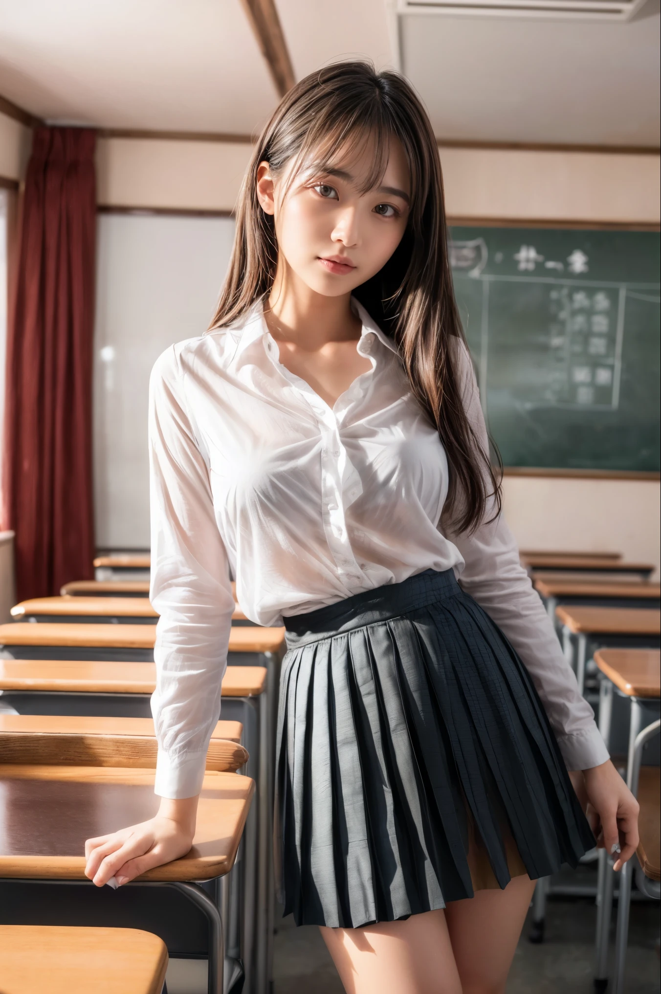 (1 girl), (sexy look:1.5), (flat chest:1.3), (very detailed目, very detailed顔), (超realistic, High resolution), (highest quality:1.4), (hyper quality), real skin texture, RAW photo, (realistic, Photoreal:1.37), very detailed, professional photography, (school uniform, pleated skirt:1.3), (look at me), (School, classroom), ((Face to face with me:1.4)), (from below:1.3), realistic private parts, lace panties, Japanese high school girl、超highest quality、masterpiece、超High resolution、written boundary depth、(Photoreal:1.4)、(award winning photos、信じられないほどのmasterpiece:1.3) 、RAW photography、golden ratio、Highly detailed CG Unity 8k wallpaper、detailed and complex、original、High resolution、RAW photo、(perfect body shape)、detailed and complex、Digital single-lens reflex camera、soft writing、(background person blur:1.1)、Sigma 85mmF/1.4、50mm Lenac lighting、nffsw、hyper real、color grade, Rear view,from below:1.3), (((Holding the hem of her skirt, she opens her legs and shows off her real pussy.:1.4))),