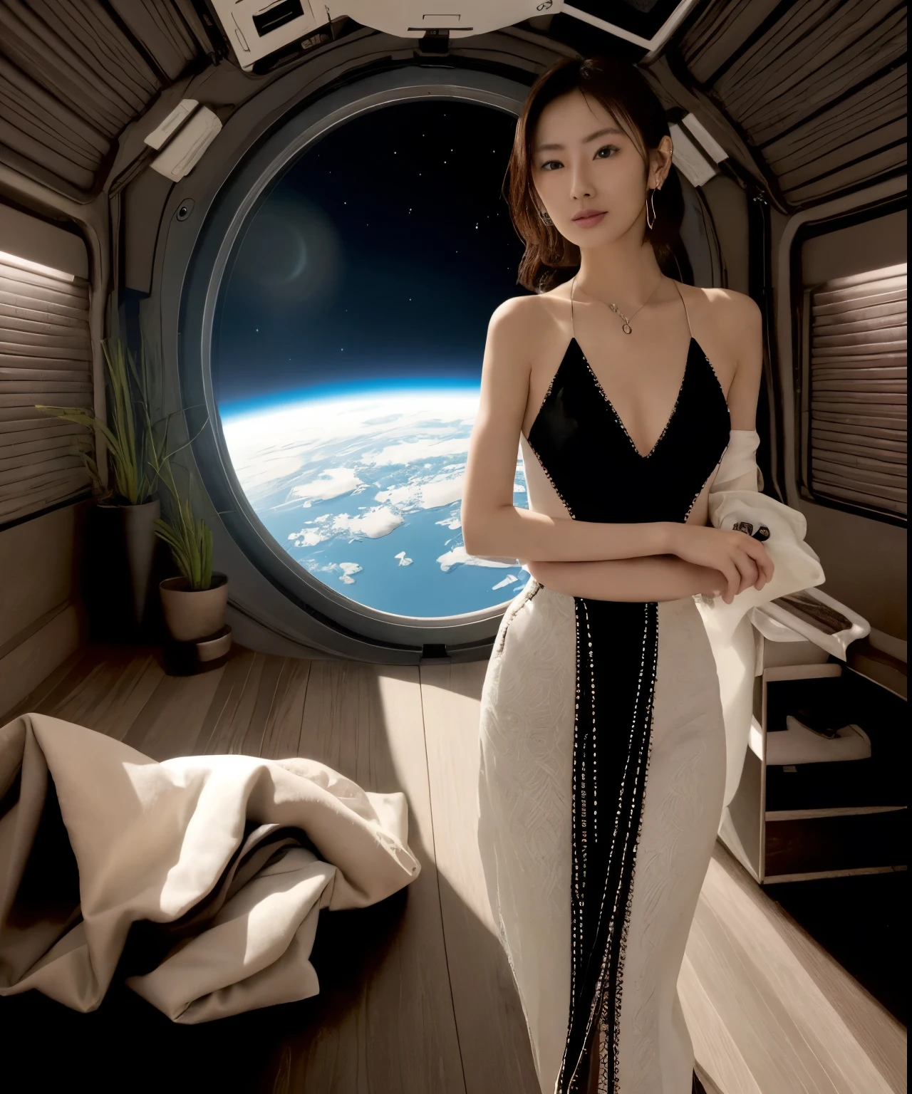 A woman in a black dress stands in a room,japanese girl, A captivating cyberpunk dark fantasy, floating near the planet, in outer space, sexy girl, 8K sensual lighting, fantasy space, beautiful woman in a space suit, science fiction woman, 60s sci-fi pinup style, NSFW:1.5,japanese model,20 year old girl、Similar to Keiko Kitagawa,Big breasts half visible, realistic fantasy rendering, dreamy cyberpunk girl, at the space station