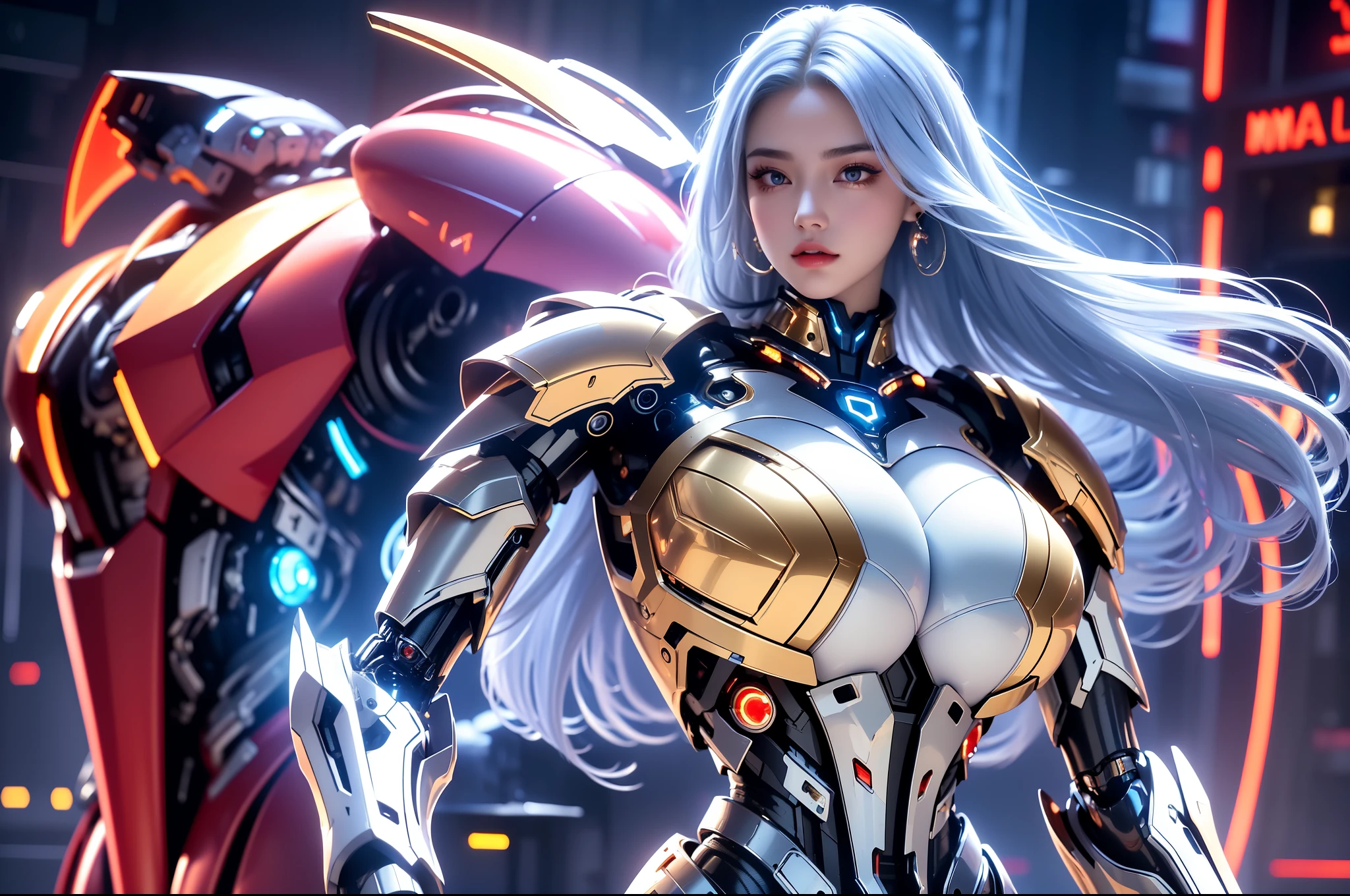 (masterpiece), best quality, expressive eyes, perfect face, beautiful details face, beautiful round eyes, full body, A beautiful mecha woman in mecha armour suit, (determined face), Serious look, (platinum blue hair), (random hairstyles, streaked hair, expressive hair, shiny hair, glowing hair, multicolored hair, gradient hair, colored inner hair, straight hair, medium long hair), fair skin, (full detailed mecha cybernetic suit:1.3), (full body cyber armour), Mechanical Puppet, glowing and shining armour, gold and red cyber armour, (Gigantic mechanical wing:1.2), (Edge lights:1.3), (silver and red colour scheme:1.3), (colorful armor:1.2), neon light on armour, beautiful details eyes, (emerald eyes), (glowing eyes:1.2), huge breasts, thick body, (well accentuated curves), pink lips, silver nails, mascara, Long eyelashes, eyeliners, extremely wide hips, beautiful massive thick thighs, slender figure, (Extremely detailed skin texture:1.2), beautiful detailed realistic muscle definition, golden lights that shimmer, high detailed eyes, ultra-high quality model, proportionate, intense colouration fantasy, (cyber city as background), blue and gold tetradic colours, earrings, (1girl), solo, cowboy shot, shine, glowing