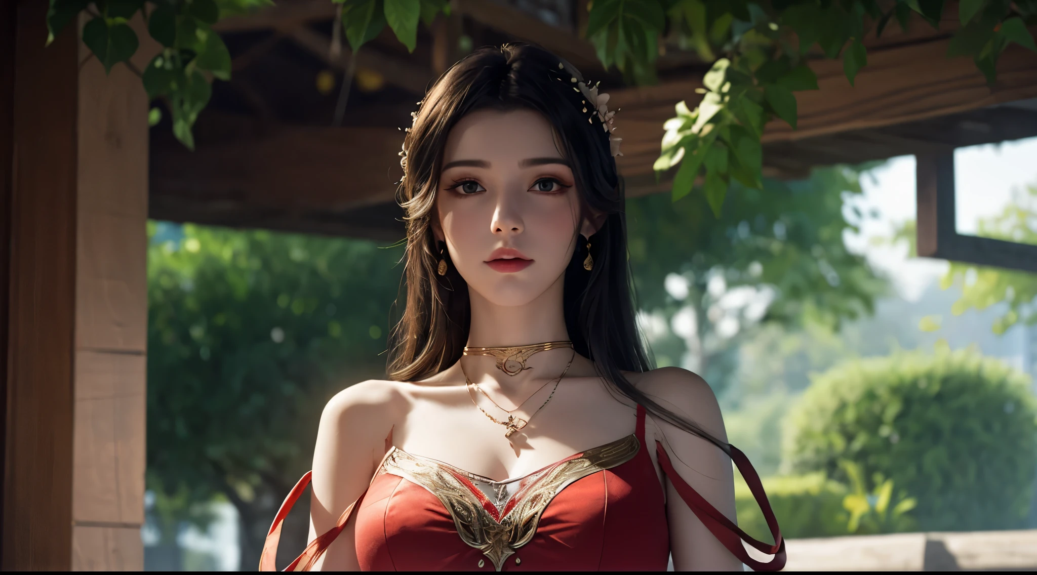 Beautiful  young girl looking at viewer wearing red top dress, in garden, realistic graphics, wearing a beautiful necklace, wavering at viewer, nice figure, beautiful organic photography  ,graphic focus on girl at the center of graphics photoshot ,red colors dress ,wavering at viewer, full-body photoshot rendering graphics,complete body collection, sakura blossoms, full body photoshot view, 