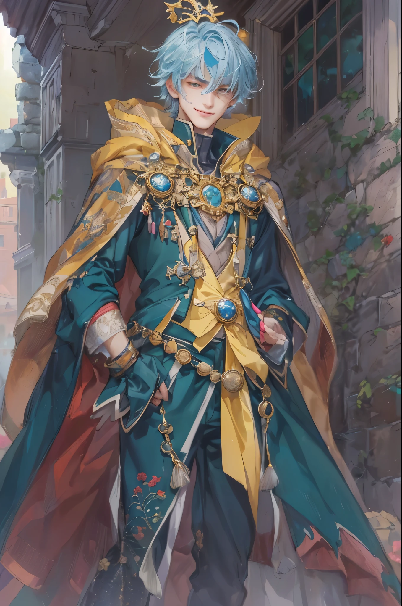 ((absurdres, highres, ultra detailed), 1 boy, young boy, handsome boy villain character from Pretty Cure, male version, detailed hair with detailed headgear ornaments, detailed short hair, anime eyes, bangs, detailed mage clothes with brown cape with little purple details showing, showing chest on creases, crop top, finely detailed eyes red details showing and detailed face, smirk, dimples, extremely detailed CG unity 8k wallpaper, blue details on side, intricate details yellow details on left, portrait, ruin of pink roses, market theme, showing lot of skin, from below, 1:1 , eyes on viewer, detailed houses town scenery background