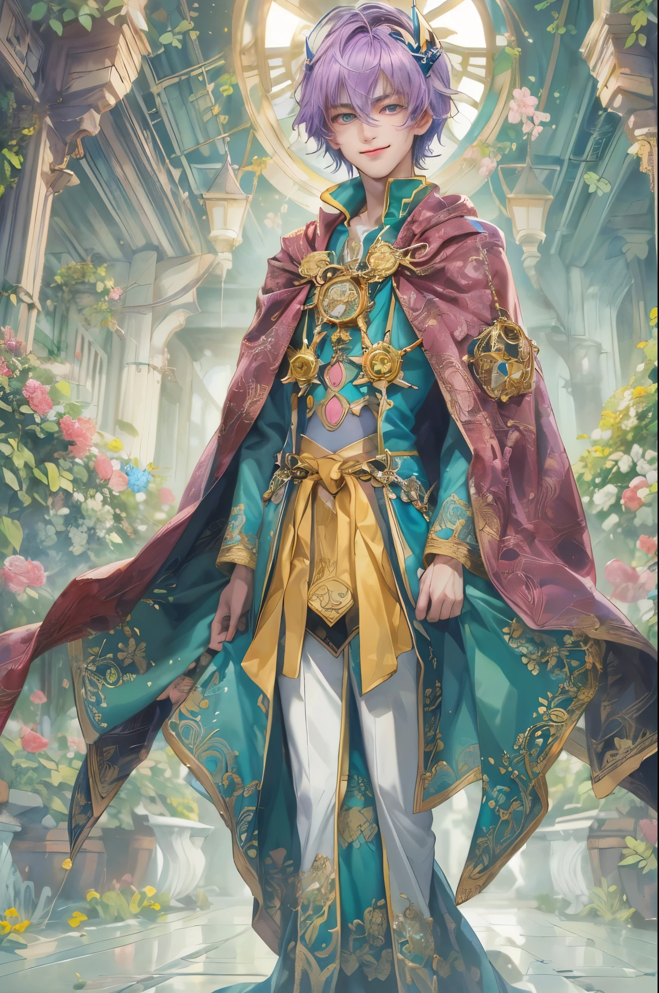 ((absurdres, highres, ultra detailed), 1 boy, young boy, handsome boy villain character from Pretty Cure, male version, detailed hair with detailed headgear ornaments, detailed short hair, anime eyes, bangs, detailed mage clothes with brown cape with little purple details showing, showing chest on creases, crop top, finely detailed eyes red details showing and detailed face, smirk, dimples, extremely detailed CG unity 8k wallpaper, blue details on side, intricate details yellow details on left, portrait, ruin of pink roses, market theme, showing lot of skin, from below, 1:1 , eyes on viewer, detailed houses town scenery background